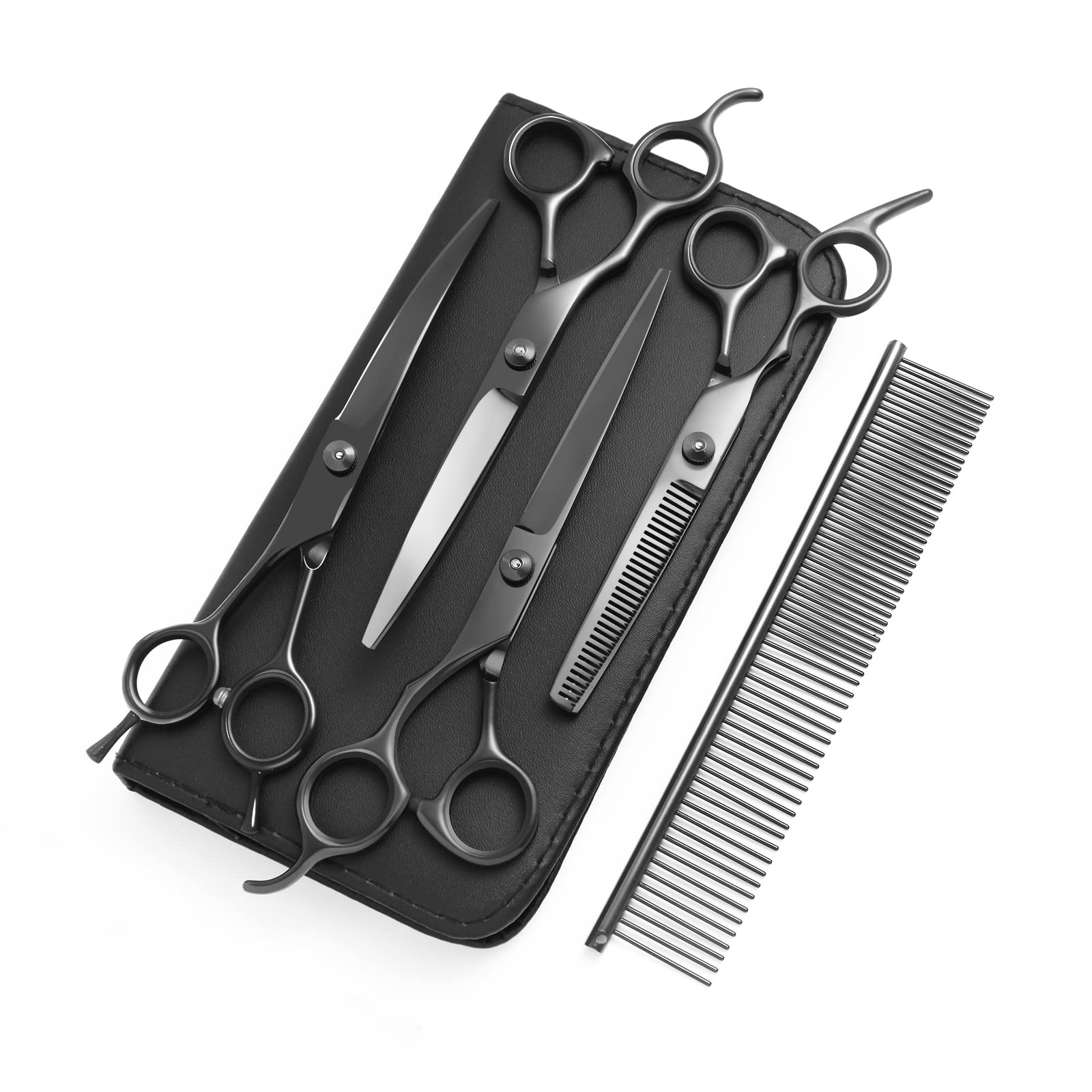 8.0 in 9CR Titanium Professional dog grooming scissors set,Grooming Scissors for Dogs Cats,Pet nail clippers,Shears, Straight,Curved,Thinning Shears,Comb for Full Body,Face, Nose,Ear,Paw
