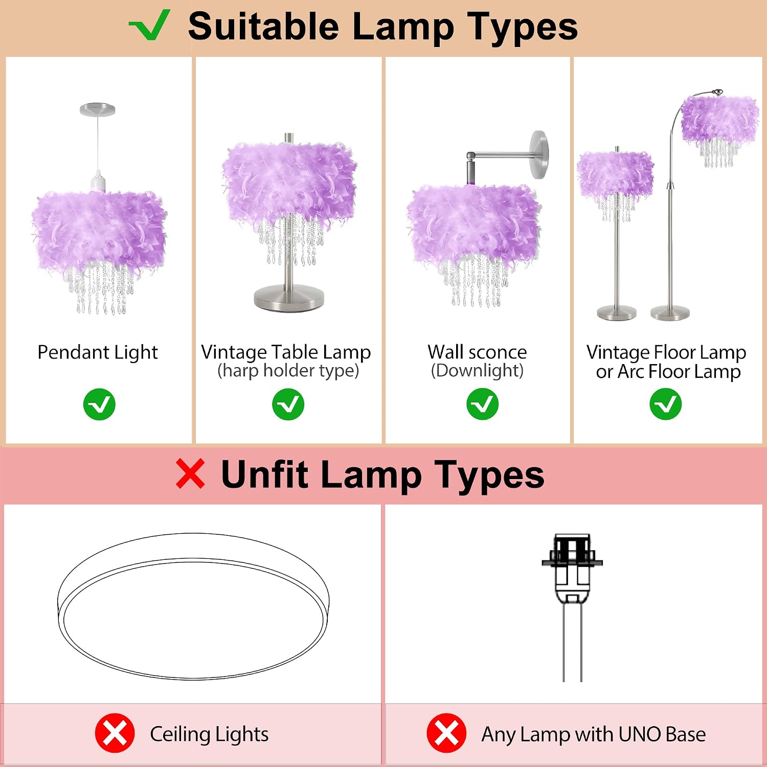 Feather Lamp Shade with Acrylic Beads Droplets, Fluffy Lampshade for Pendant, Table, Floor & Wall Lighting, Girl Bedroom Decor, ID 11.8inch, OD 15.7inch, Purple
