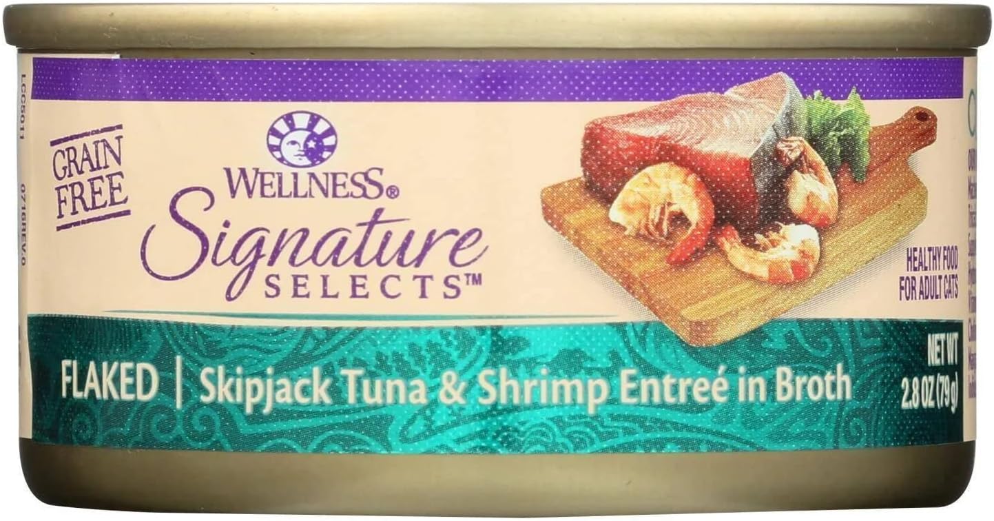 Wellness Signature Selects Natural Canned Grain Free Wet Cat Food, Flaked Tuna & Shrimp, 2.8-Ounce Can (Pack Of 24)