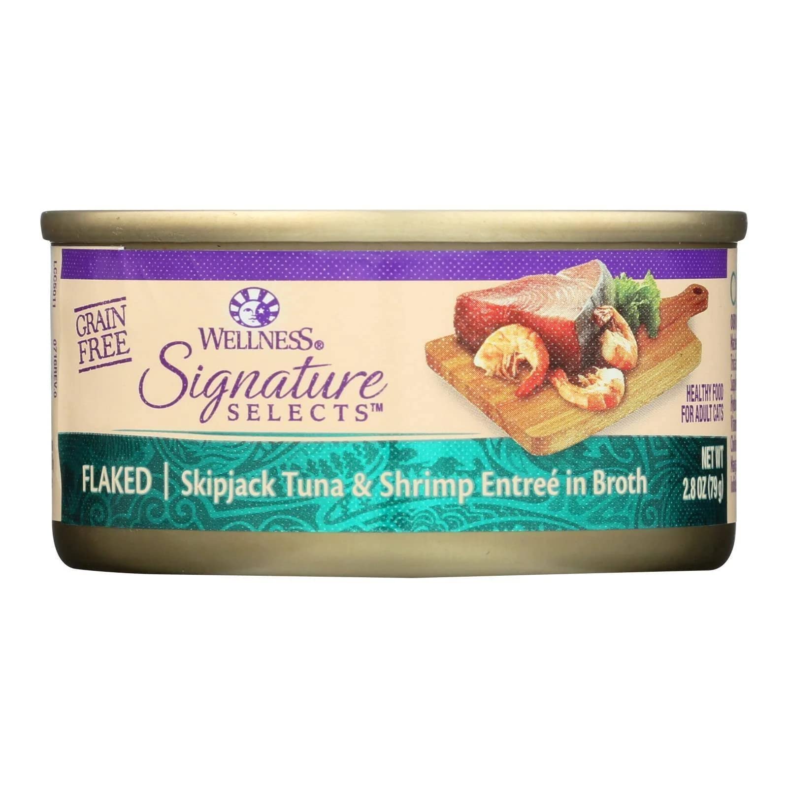 Wellness Signature Selects Natural Canned Grain Free Wet Cat Food, Flaked Tuna & Shrimp, 2.8-Ounce Can (Pack Of 24)