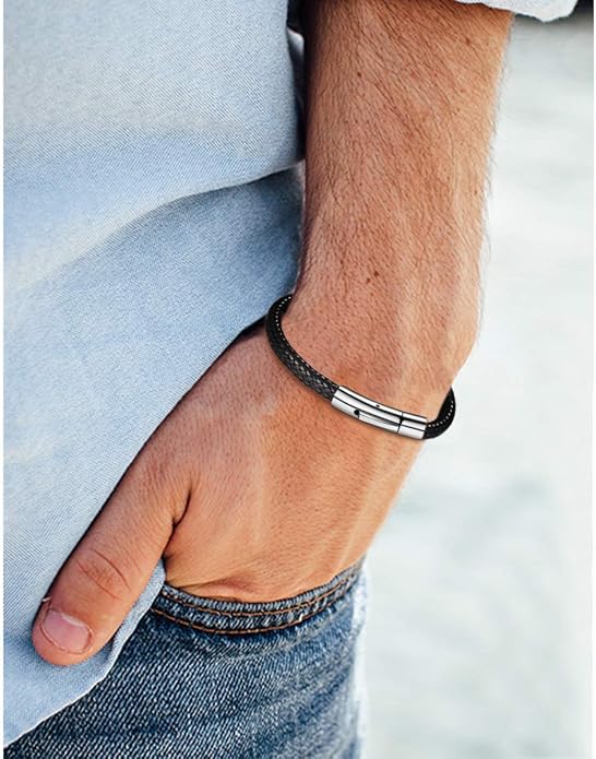 Pulsera trenzada de cuero para hombre negra/marrón con cierre metálico miniatura 2