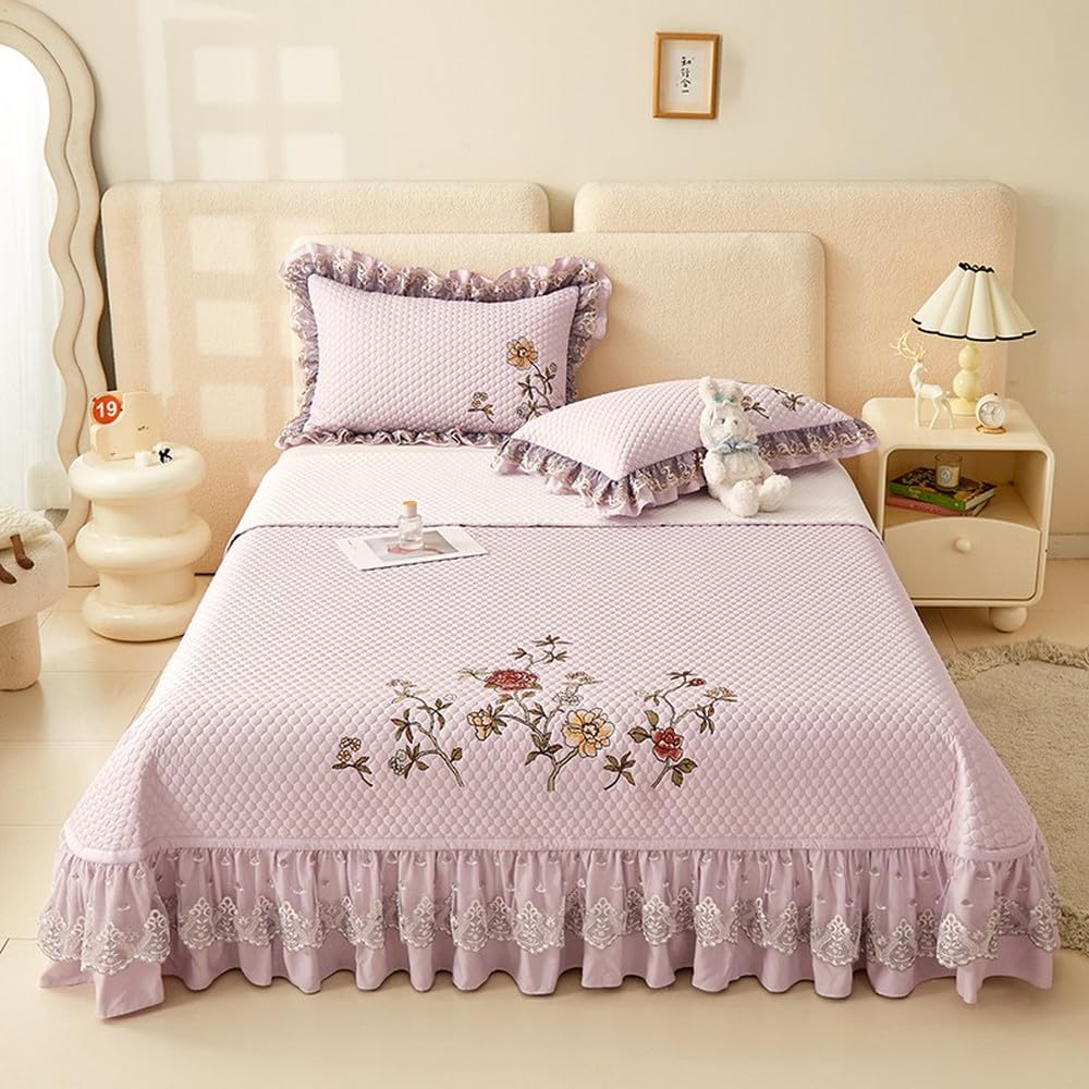 Juego de 3 colchas de Verano con Volantes Bordados y Elegantes, Ligeras y ultrasuaves, 1 Colcha Acolchada y 2 Fundas de Almohada, Color 4, 250 x 270 cm, 3 Unidades
