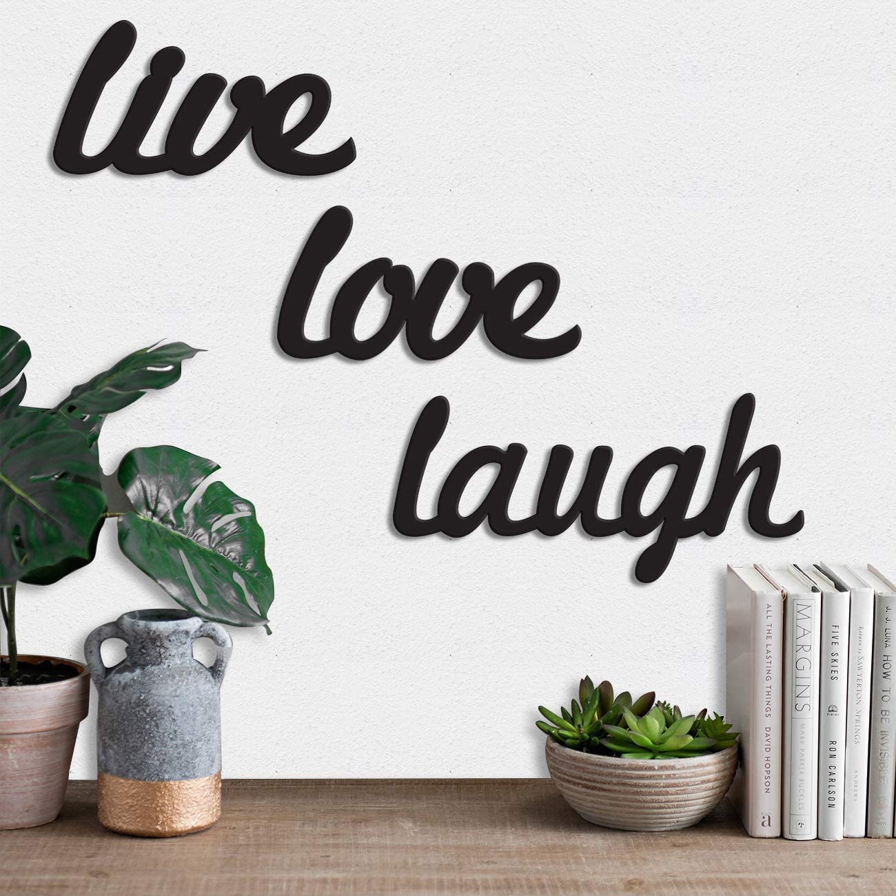Meraki Mart Live Love Laugh Words Black Wall Art of Wooden Hanging Plaque Sculptures Black Wall Decoration Contemporary Living Room, Home, Office, Bedroom, Garden, Cafe (Pack of 1, 7.08"x7.09 inches)