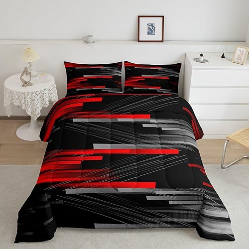 Feelyou Kids Geometric Abstract Striped Comforter Set Twin Size Gray Red Black Ombre Geometry Bedding Set for Boys Girls Teens Modern Stripes Line Decor Comforter Women Men Quilt Set
