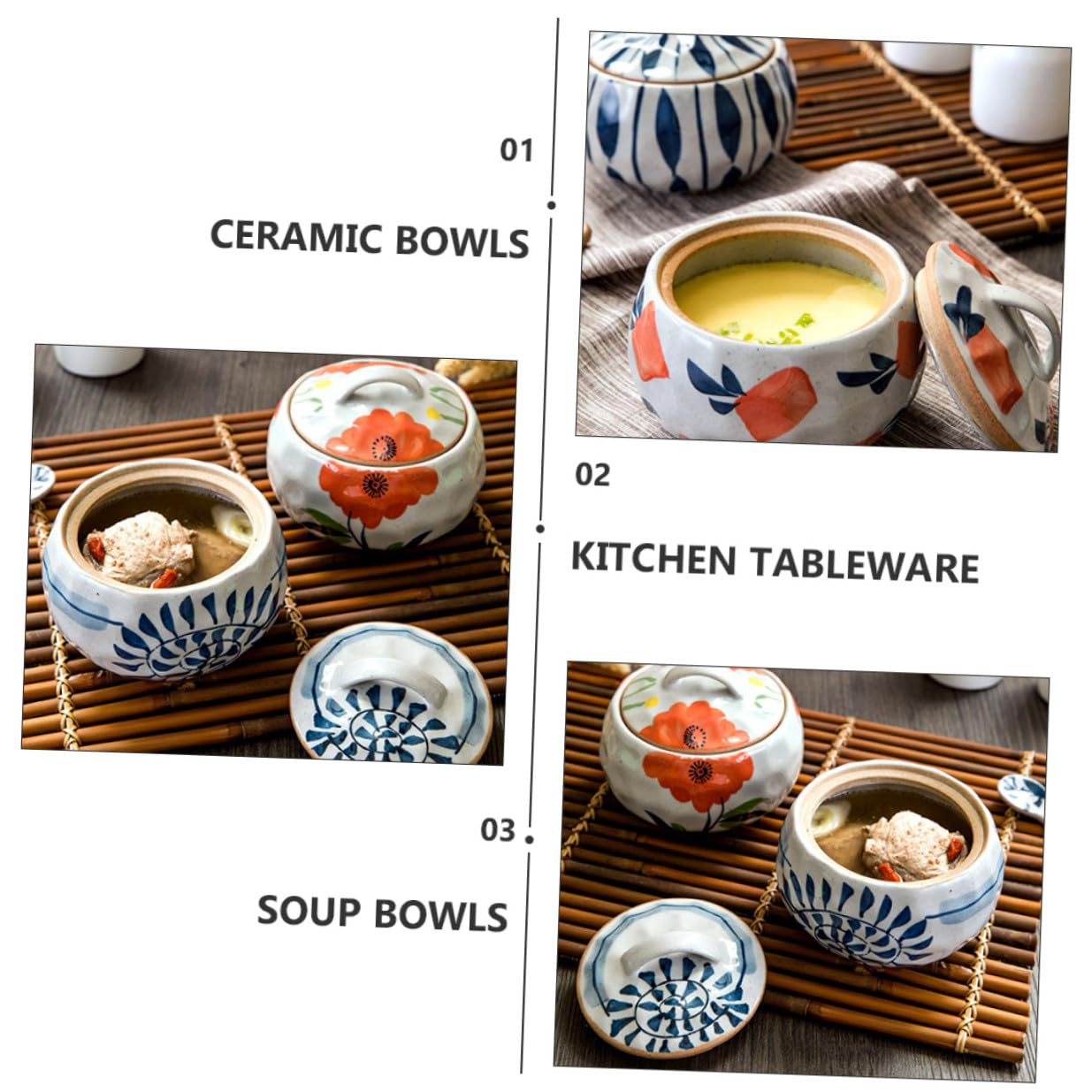 SOLUSTRE Ciotola per Stufato in Porcellana Giapponese con Coperchio, Ciotola per Zuppa e Dessert, Design Antiscivolo per Cucina Domestica