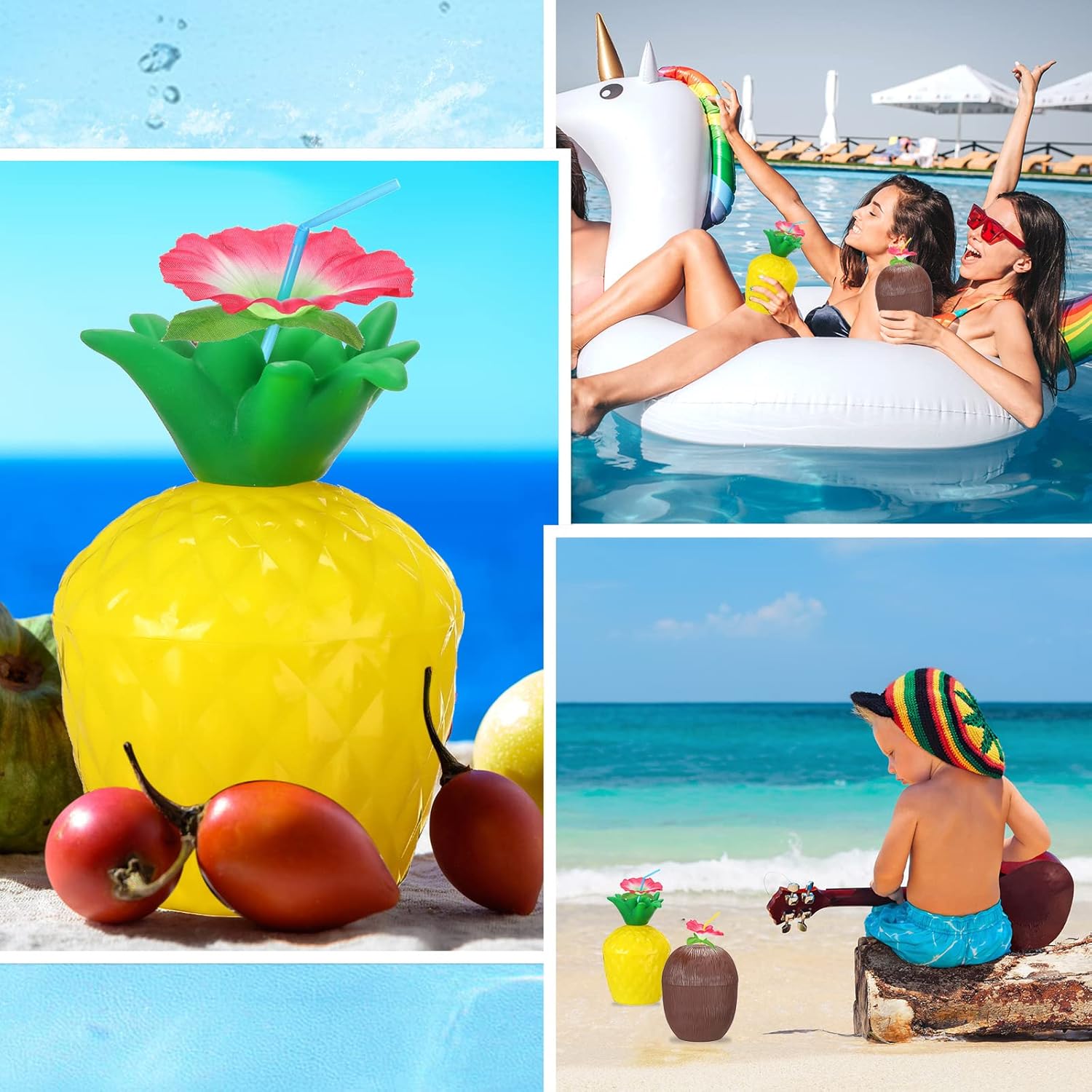 Sabary 24 Pieces Tropical Pineapple Coconut Cups Plastic Hawaii Cups with Hibiscus Flower Straws for Adults Hawaiian Luau Party Summer Beach Party Pineapple Carnival Celebrations Birthday Decorations