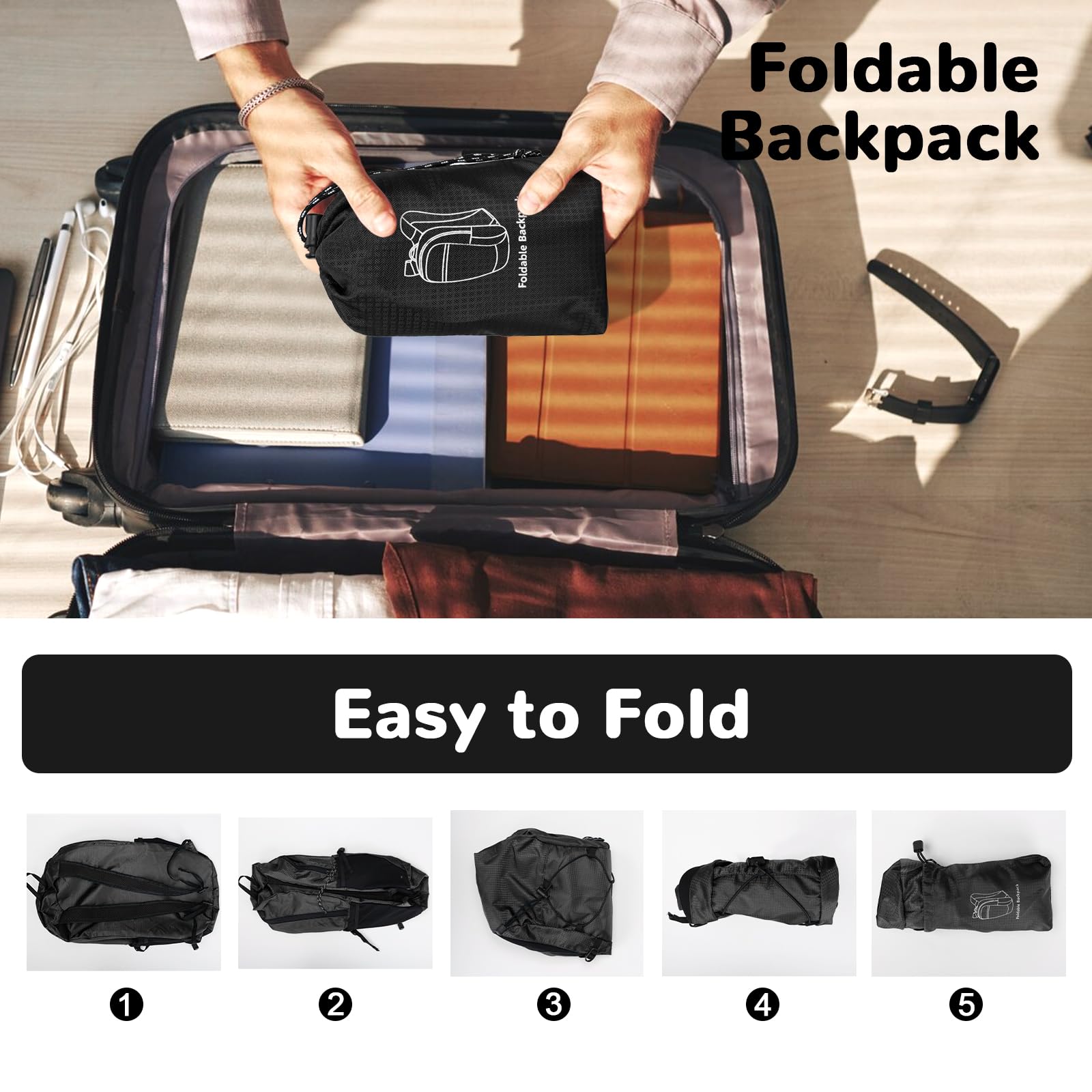 Mochila Plegable 15L Outplra, Mochila Senderismo Respirable Ultraligera para Mujer Hombre, Negro