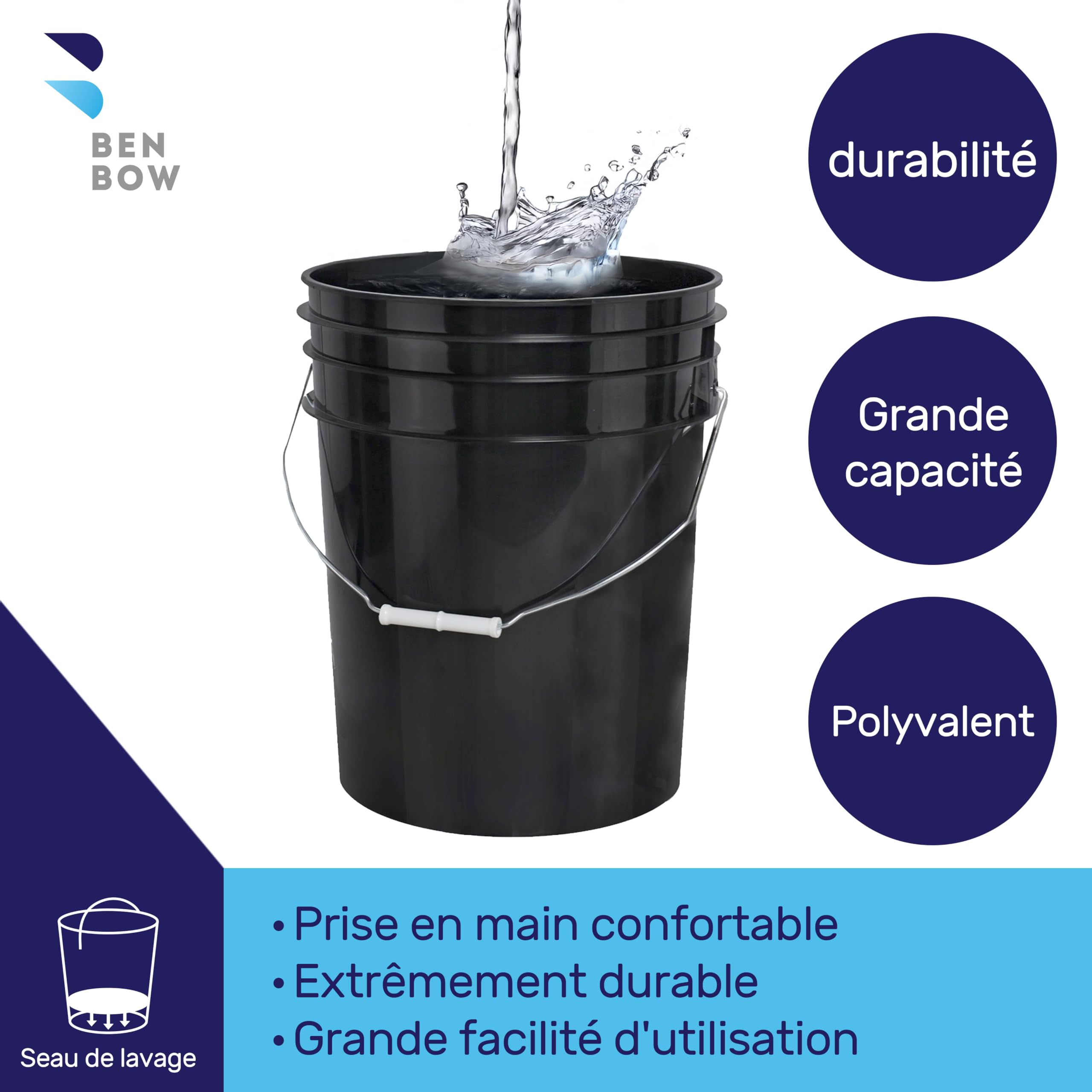 BenBow Kit Lavage Auto: Seau de Lavage de 20 litres avec séparateur et Gant de Lavage pour Voiture - idéal pour Nettoyer sans Rayures véhicules et Motos