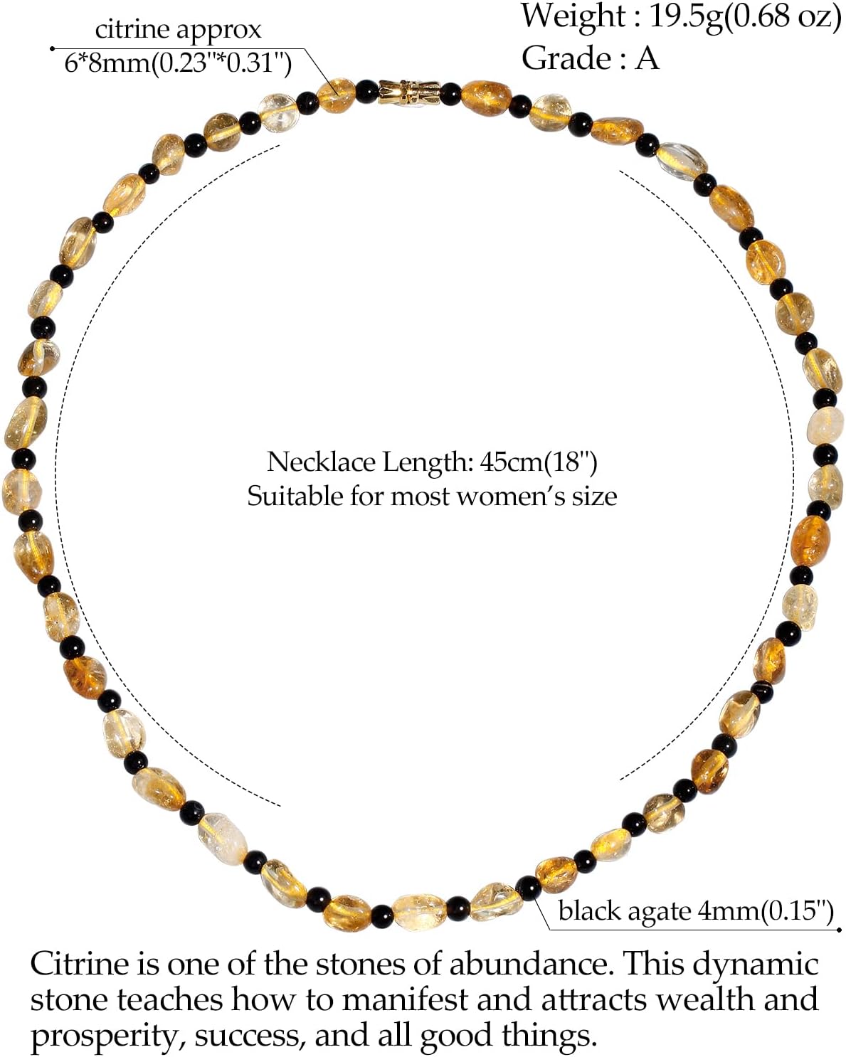 Genuine Citrine with Black Agate Beaded Choker Necklace for Women Healing Crystals and Gemstones Birthstone 18"