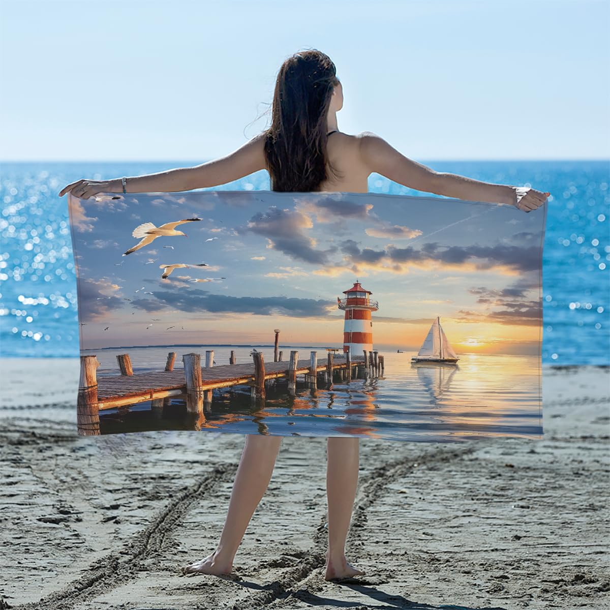 Mexpekil Sunset Lighthouse Beach Towel Sea Seagull Oversized Pool Towels 31x61 Inch Quick Dry Absorbent Travel Towel for Swimming Camping Bath Sports Gym Yoga Women Men