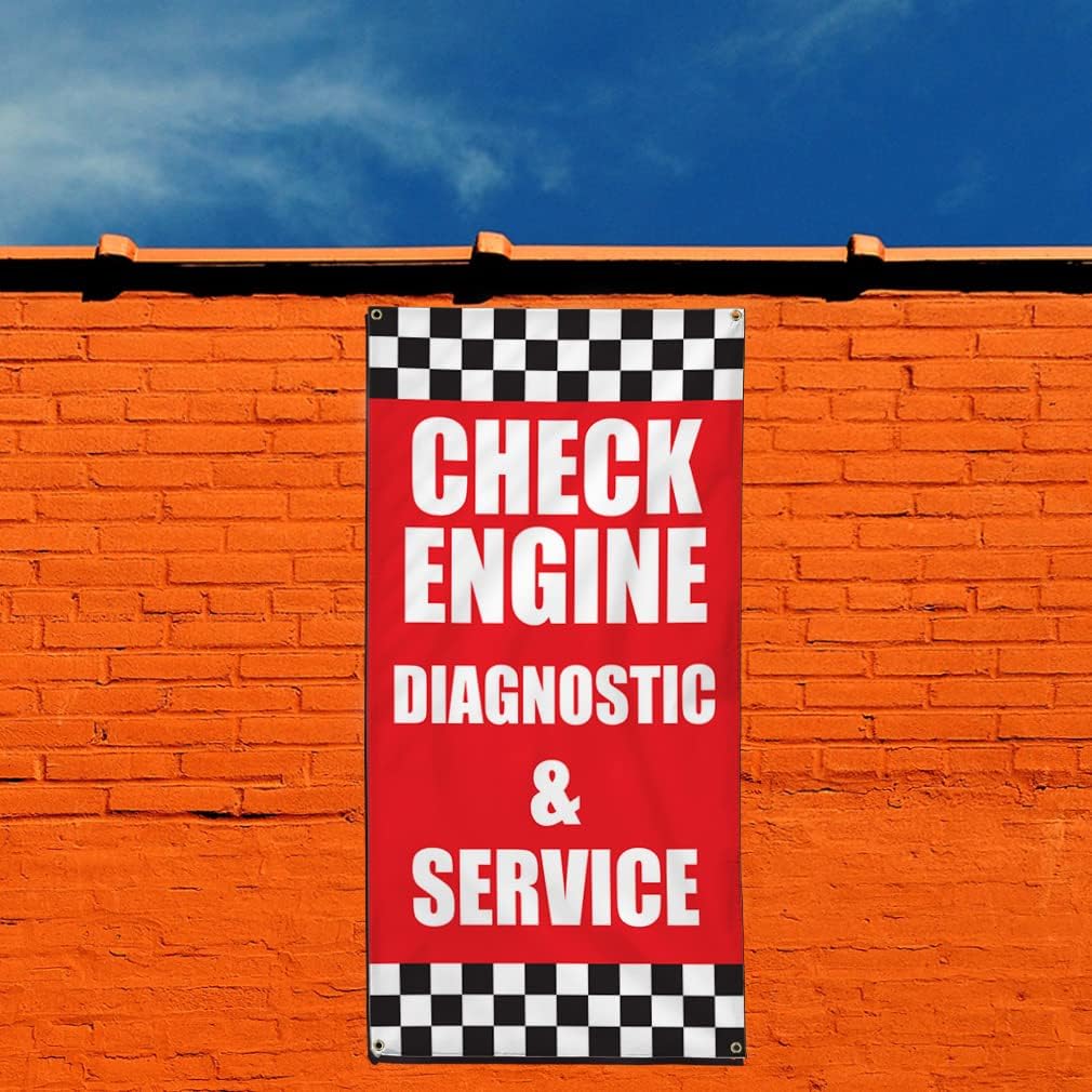 Vertical Vinyl Banner Multiple Sizes Check Engine Diagnostics & Service Body Shop P Automotive Outdoor Weatherproof Industrial Yard Signs 4 Grommets 48x24Inches