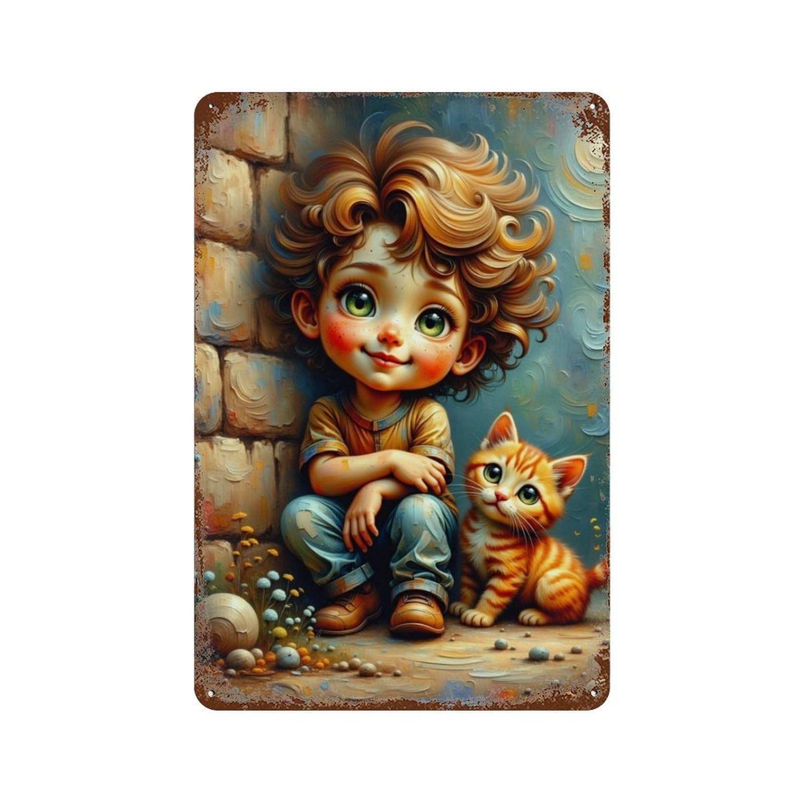 Whimsical Child with Kitten Decorative Tin Sign 11.8"x7.9", Vintage Wall Decor for Garage, Pub Or Kitchen