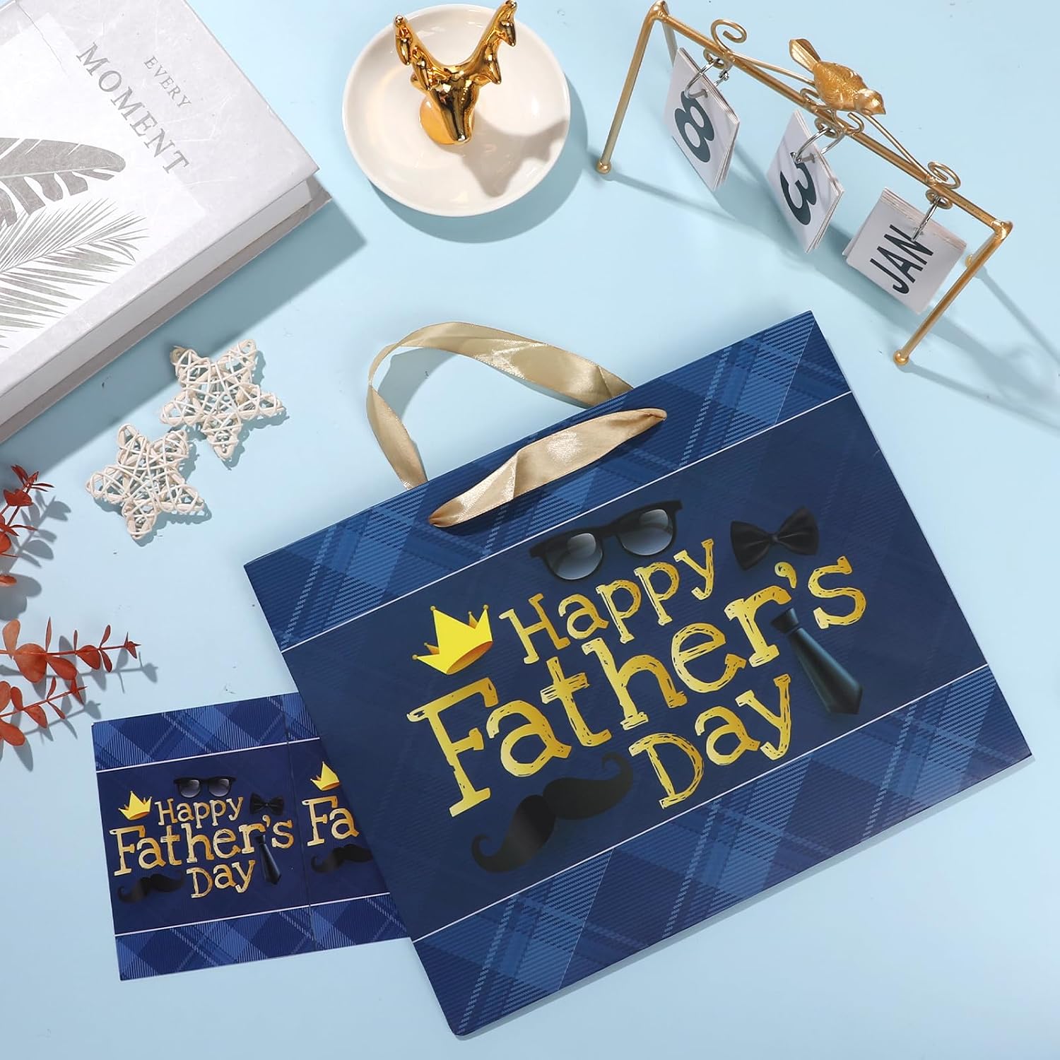 Happy Father's Day Paper Bags with Tissue Paper and Greeting Card Father Day Party Gift Bags Funny Blue Father's Day Wrapping Paper Bags Candy Treat Bags Happy Dad Day Bag Fathers Day Party Favor image 3