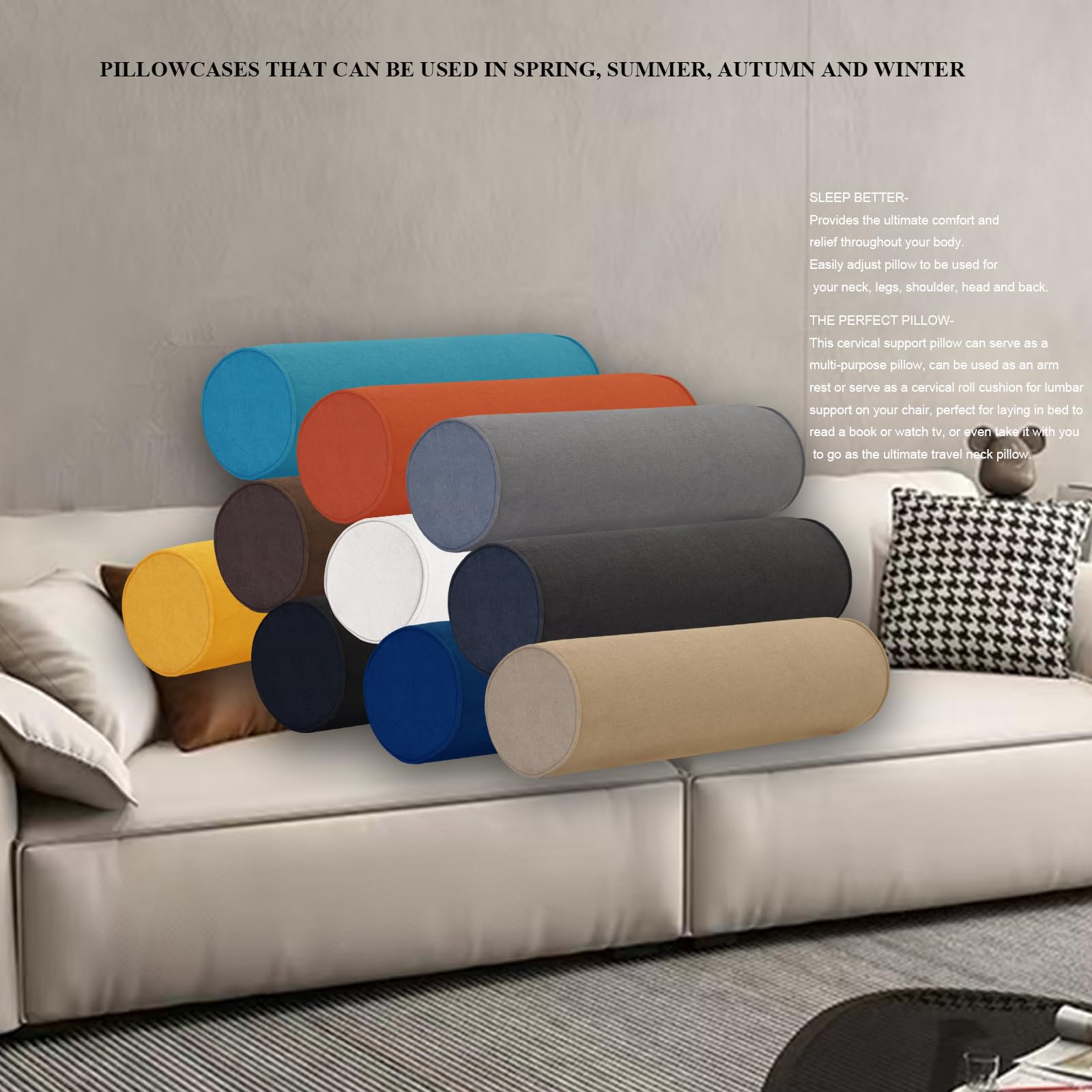 Tinbolunce Neck Roll Pillowcases With Zipper - Full Moon Bolster/Round Cylinder Pillow Case Covers For Bedroom, Living Room, Sofa - Solid Color Neck Cervical Pillowcase Cover 18 X 6 (Orange