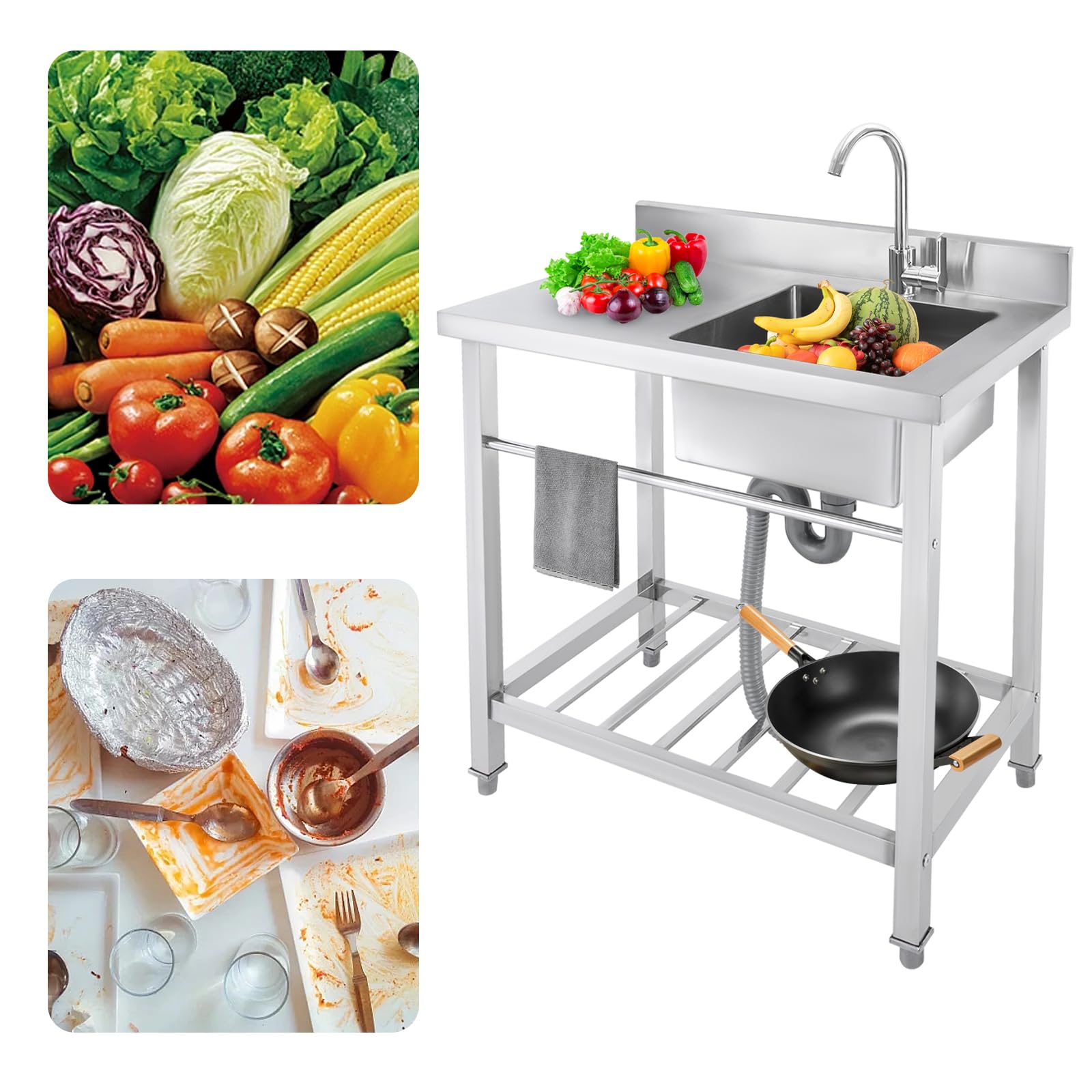 Edelstahl Spültisch Freistehende Spüle mit Unterschrank, Commercial 80x55x84cm Outdoor Camping Spüle mit Armatur, Küchenspüle mit Plattform Tragfähigkeit 100KG, 1 Becken