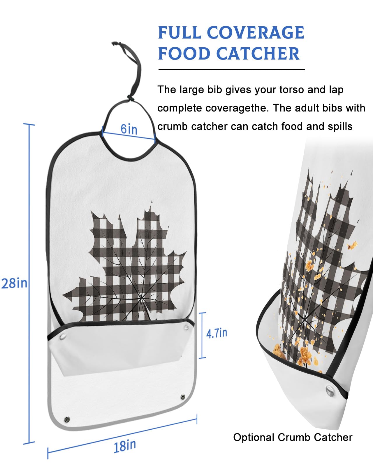 LEOKOTI Thanksgiving Maple Leaf Adult Bibs for Eating, Waterproof Bibs with Food Catcher & Adjustable Snap Closure, Black and White Plaid Washable Clothing Protectors Adult Bibs for Elderly Women/Men