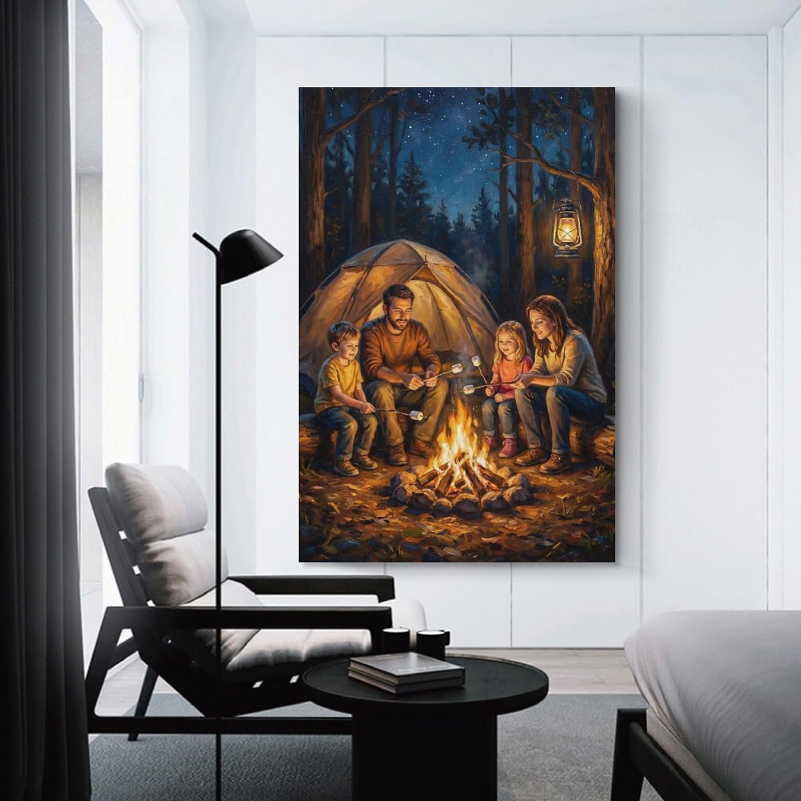 Junmoney Unframe-Style Family Roasting Marshmallows By Campfire Canvas Wall Art 24X36inch(60X90cm), For Workspace Walls, Study Corners Or Bedrooms, Wall Art That Adds Style To Work Areas