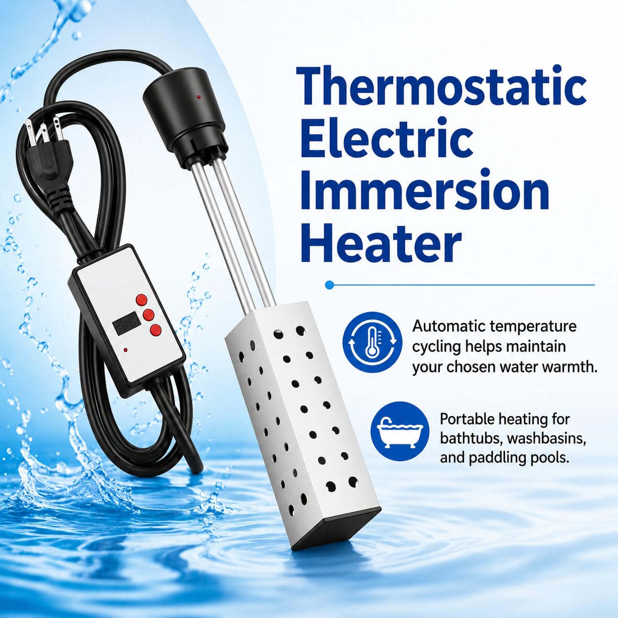 Thermoplongeur électrique thermostatique, 2500 W, contrôleur numérique