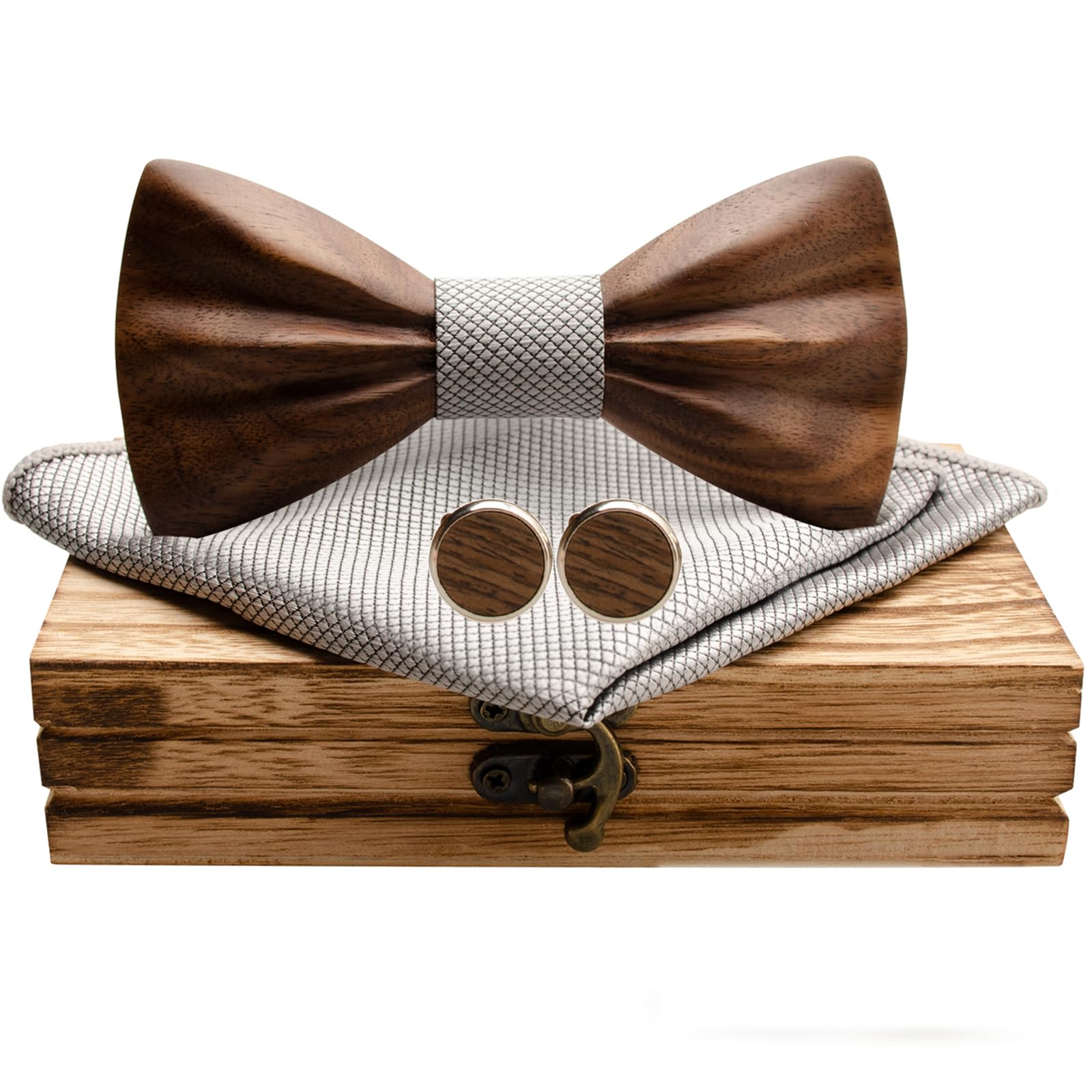Mr.Van Holzfliege, Holz Fliege Herren 3D Natürliche Schwarze Walnuss Manschettenknöpfe Einstecktuch Set Bräutigam Trauzeuge Hochzeit Abschlussball mit Geschenkbox für Männer