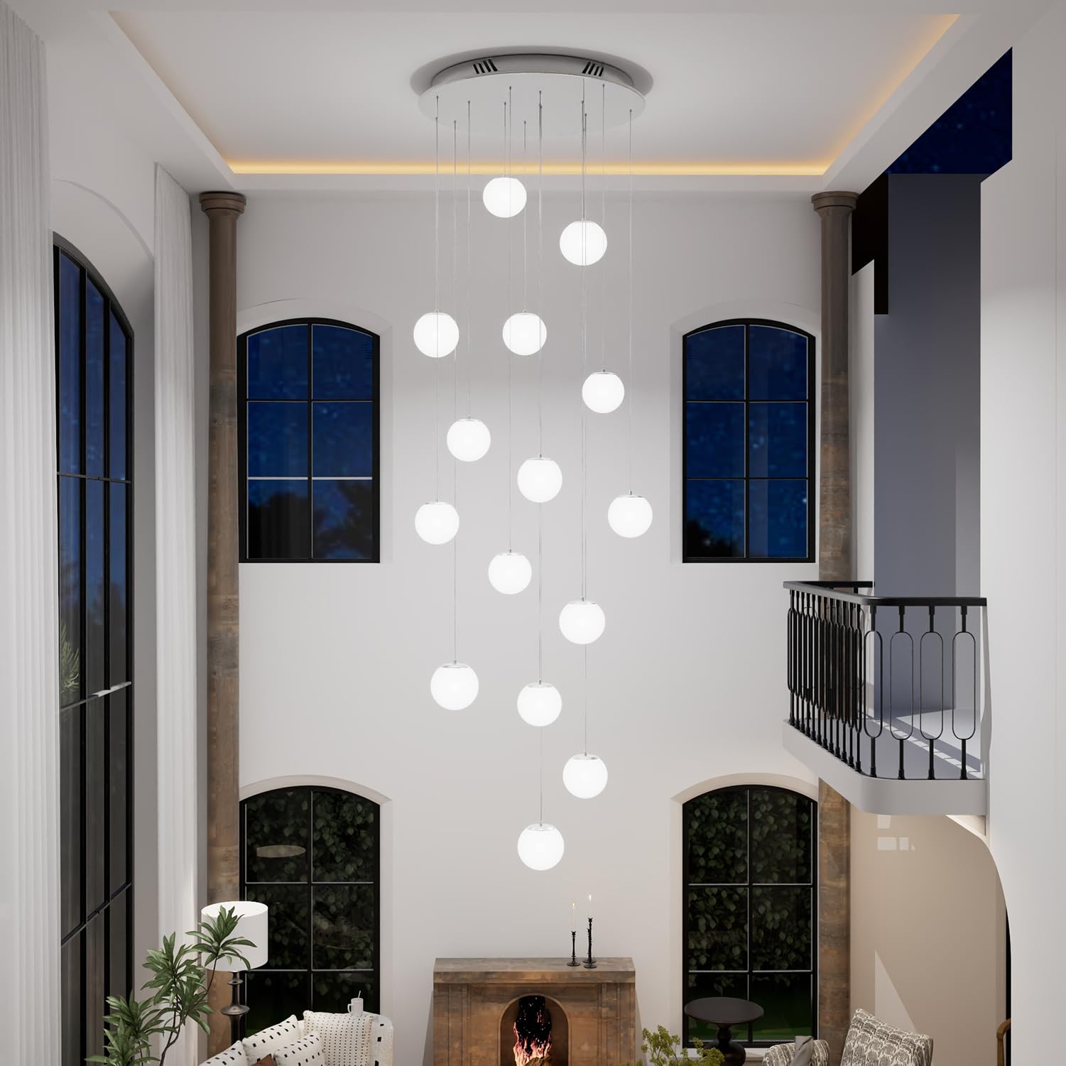 Photo 1 of ykolupty H 138" Large Chandelier with White Globe Glass Dimmable Ceiling Light Glass Pendant Light for Kitchen Island, Dining Room, Living Room, Entry Hallway, LED Bulbs Included