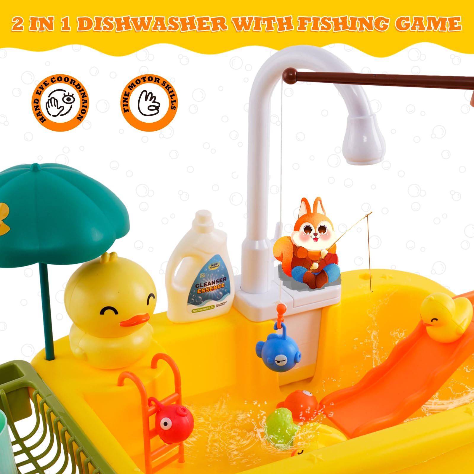 Fregadero de juego con agua corriente, juguetes de fregadero de cocina, juguetes flotantes de pesca para juegos de agua, juguete de lavavajillas para niños (tema de pato)