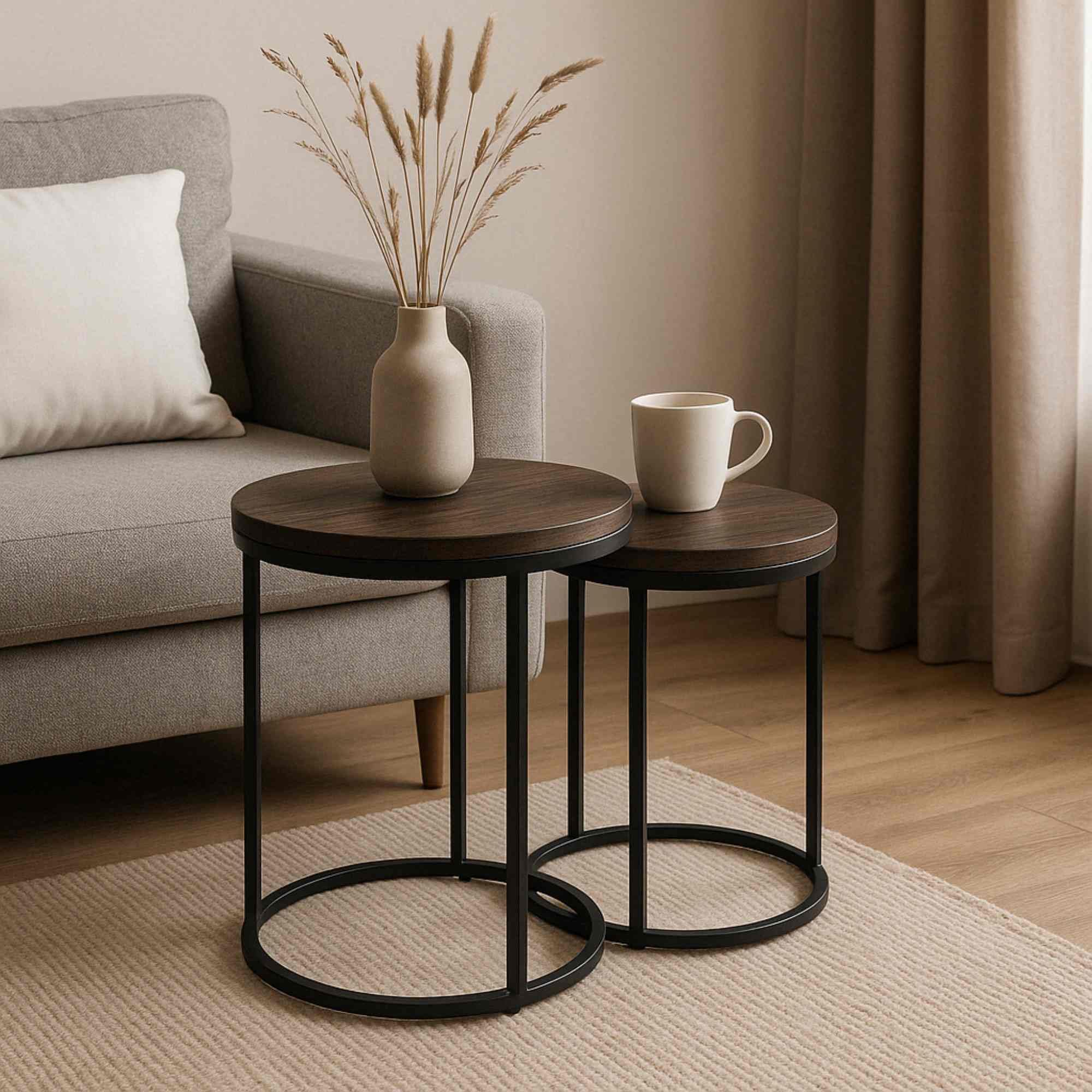 WELL HOME MOBILIARIO & DECORACIÓN Set di 2 tavole rotonde in ferro e legno di Paulownia