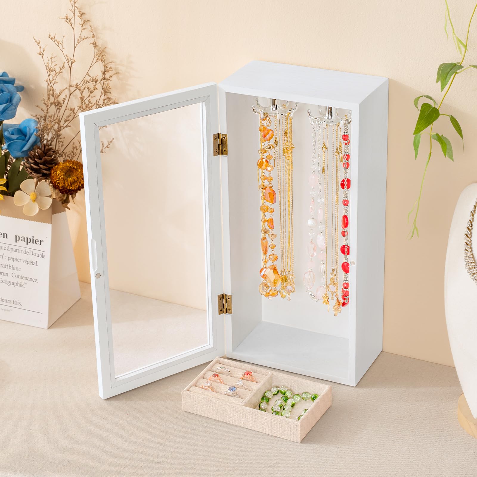 Porte colliers, présentoir bijoux en bois pour femmes, boîte de rangement rotative avec plateau à bagues, présentoir et rangement pour colliers, bracelets, bagues（Blanc）