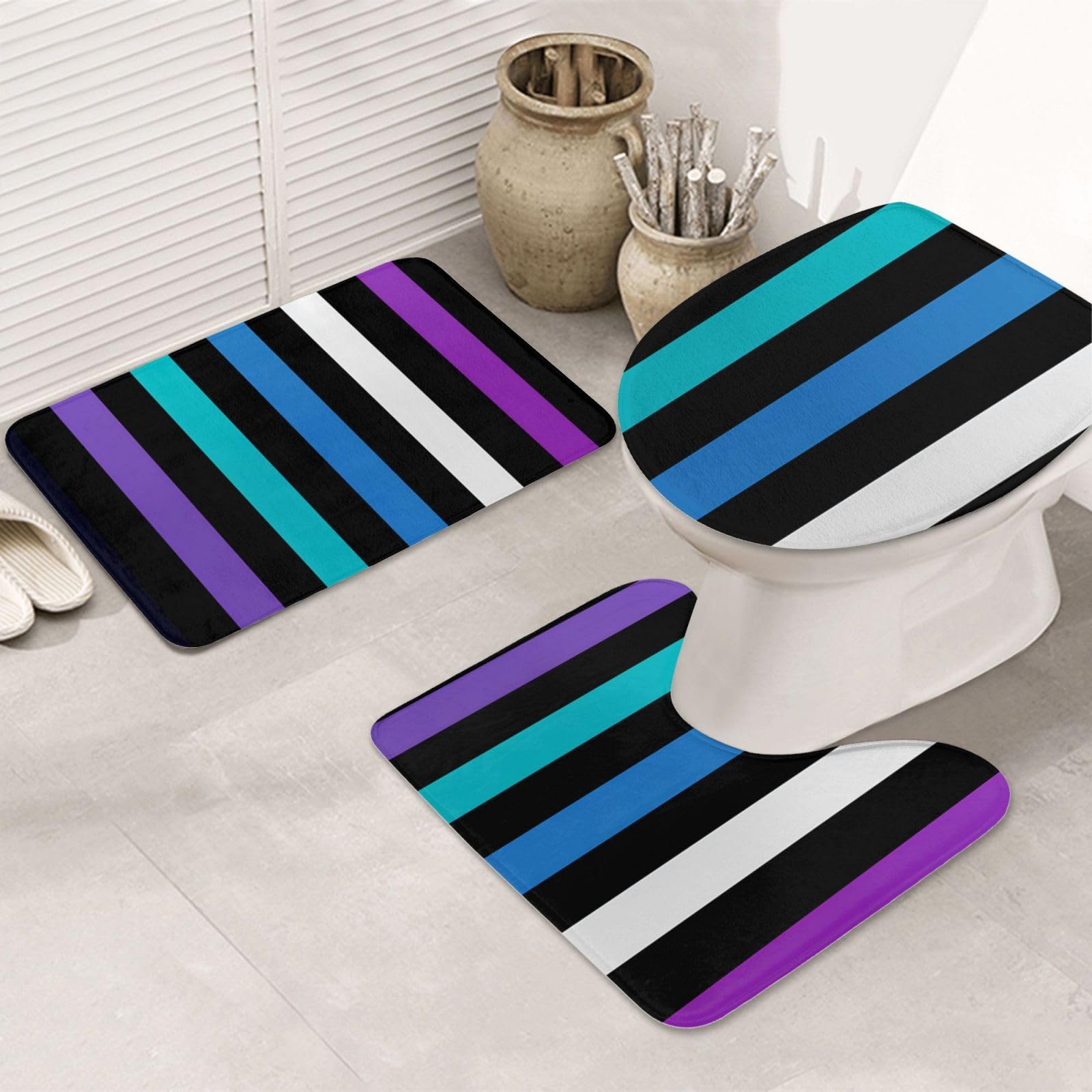 Set di 3 tappetini da bagno in flanella morbida antiscivolo a righe nere e bianche con coperchio per la decorazione della casa