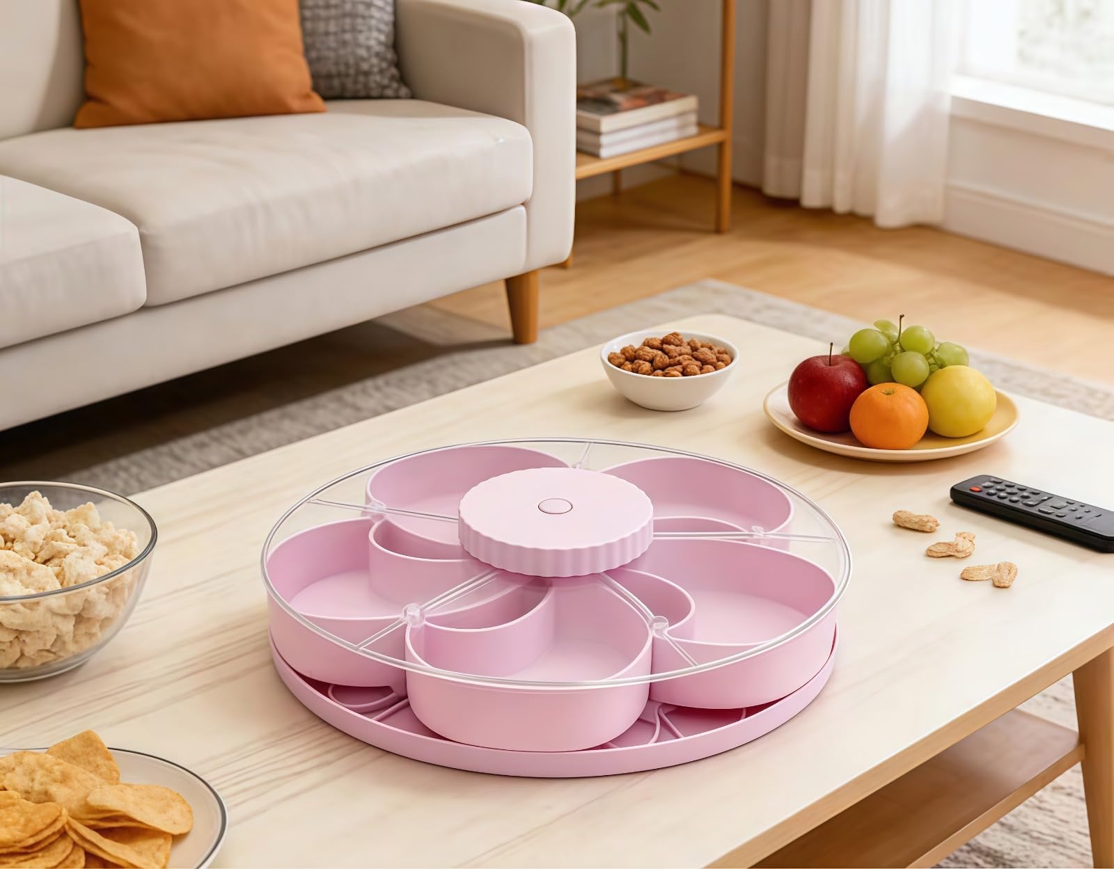 Divided Spin & Snack Serving Tray,5 Compartment Rotating Party Platter, Rotating Snack Box Container with Lid,Covered Snack Storage for Chips Nuts Dips Veggies,for Kitchen,Travel and Picnic