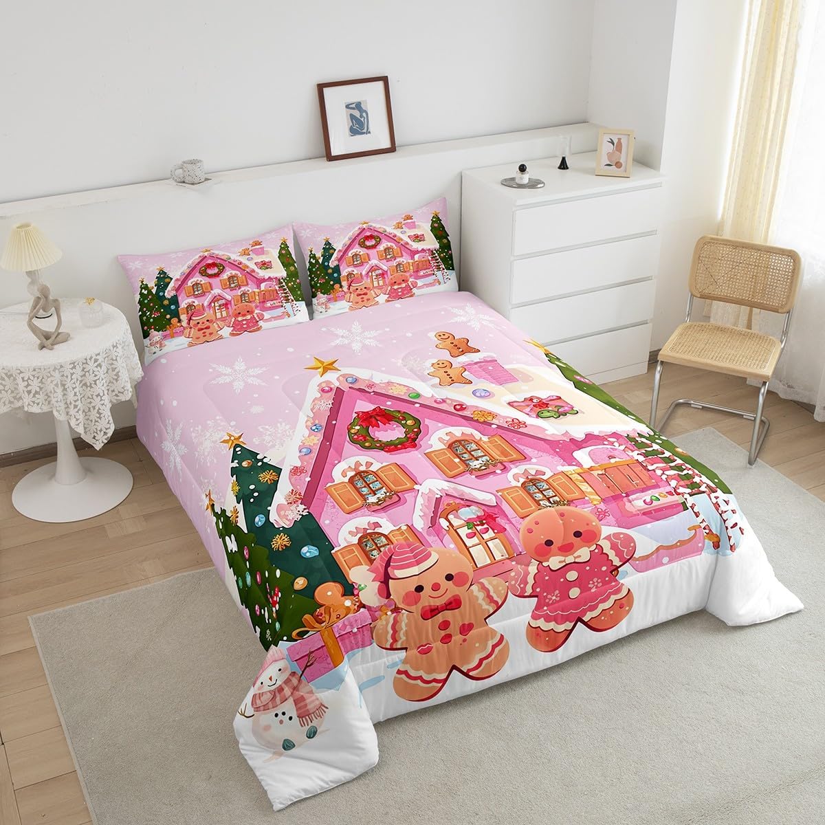Manfei Pink Gingerbread House Bedding Comforter Sets Twin,Xmas Kawaii Gingerbread Man Candy Bedding Set for Bedroom Decoration,Watercolor Winter Christmas with 1 Comforter and 1 Pillow Case