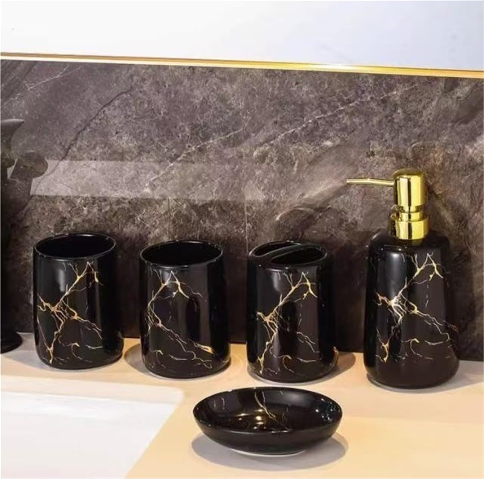 Modernes Badezimmerset aus Keramik, Zubehör, marmoriertes 5-teiliges Keramikset, Seifenspender, Zahnputzbecher, Zahnbürstenhalter, Seifenschale, schönes Geschenk for ein neues Zuhause, Farbe: grün