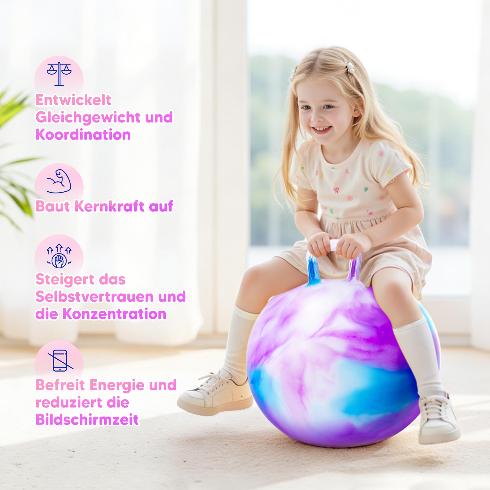 INPODAK 50cm Hüpfball,Aufblasbarer Hopper Ball mit Pumpe,100 KG Belastbar Sprungball mit Griff,rutschfest Space Hopper,20 Zoll Hüpfball für Kinder 5-9 Jahren Drinnen & Draußen - 3