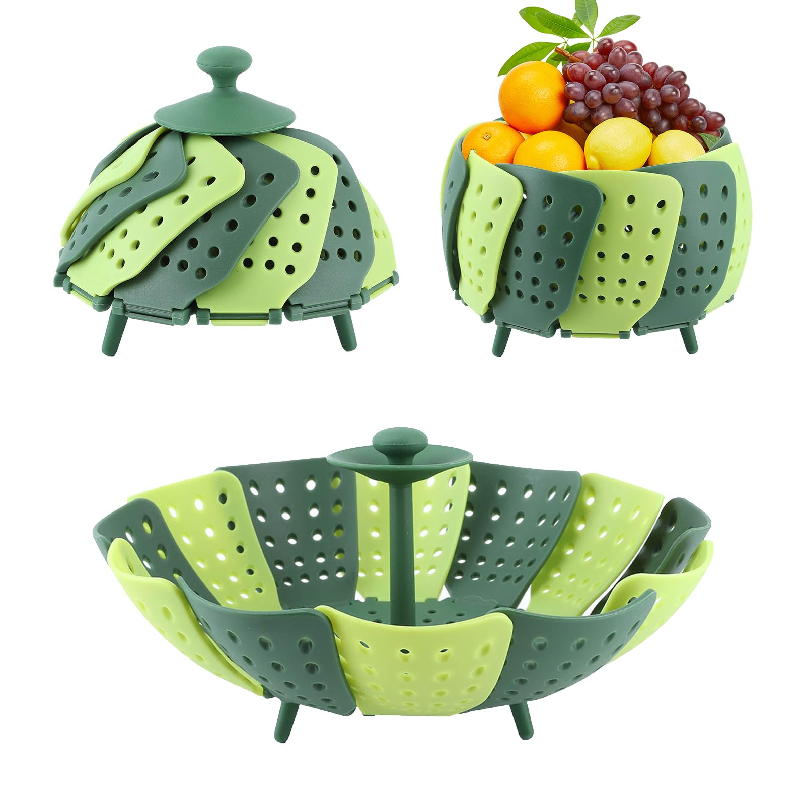 ANSNOW 2Pcs Silicone Folding Vegetable Steamer, Foldable Steaming Basket, Steamer Basket, Vegetable Steamer Basket for Cooking Fruit (Green), Steamer Basket for Cooking Vegetable Silicone Pot Ste