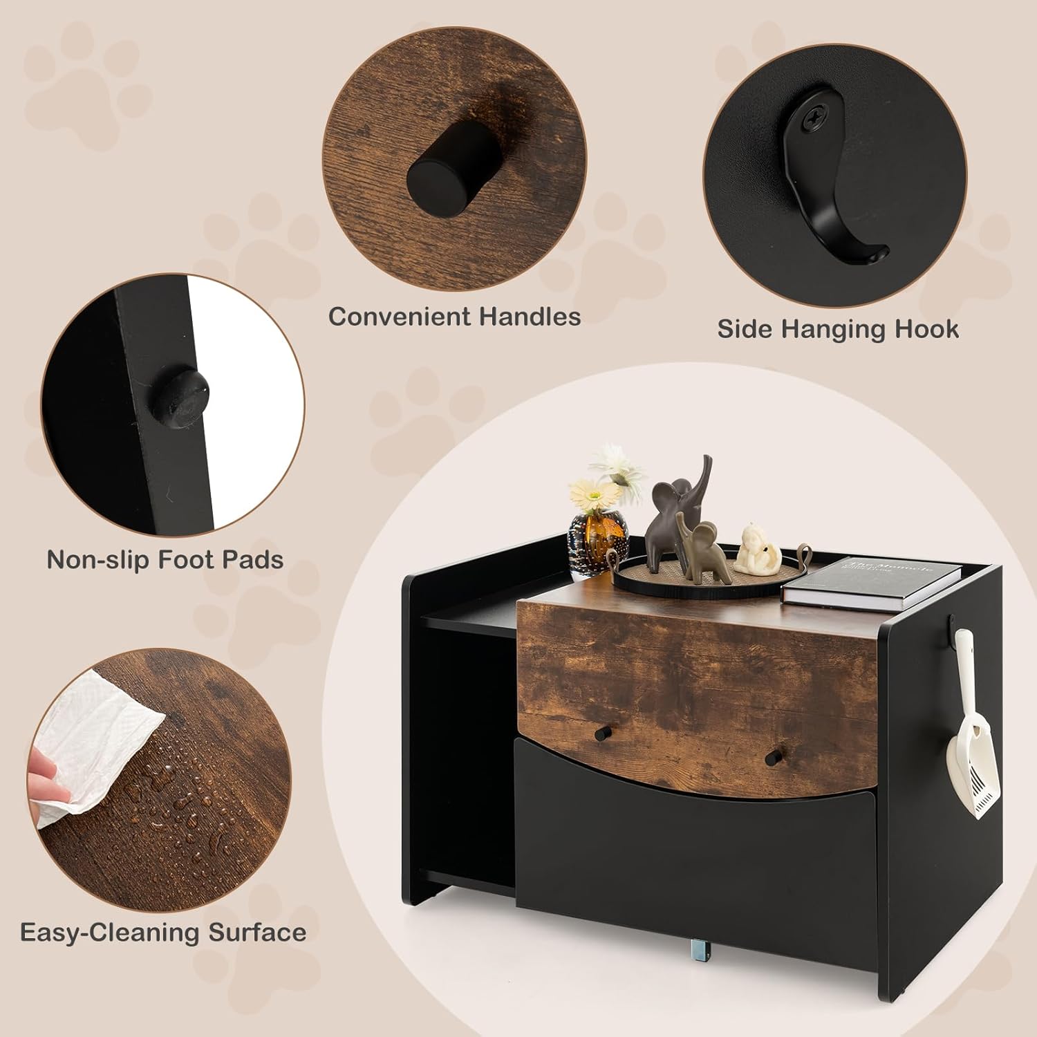 PETSITE Cat Litter Box Enclosure w/Pull-Out Drawer, Hidden Cat Washroom Furniture w/Flip Door, Rolling Caster, Indoor Cat House for Small to Large Sized Cats, Wooden Pet House Side Cabinet
