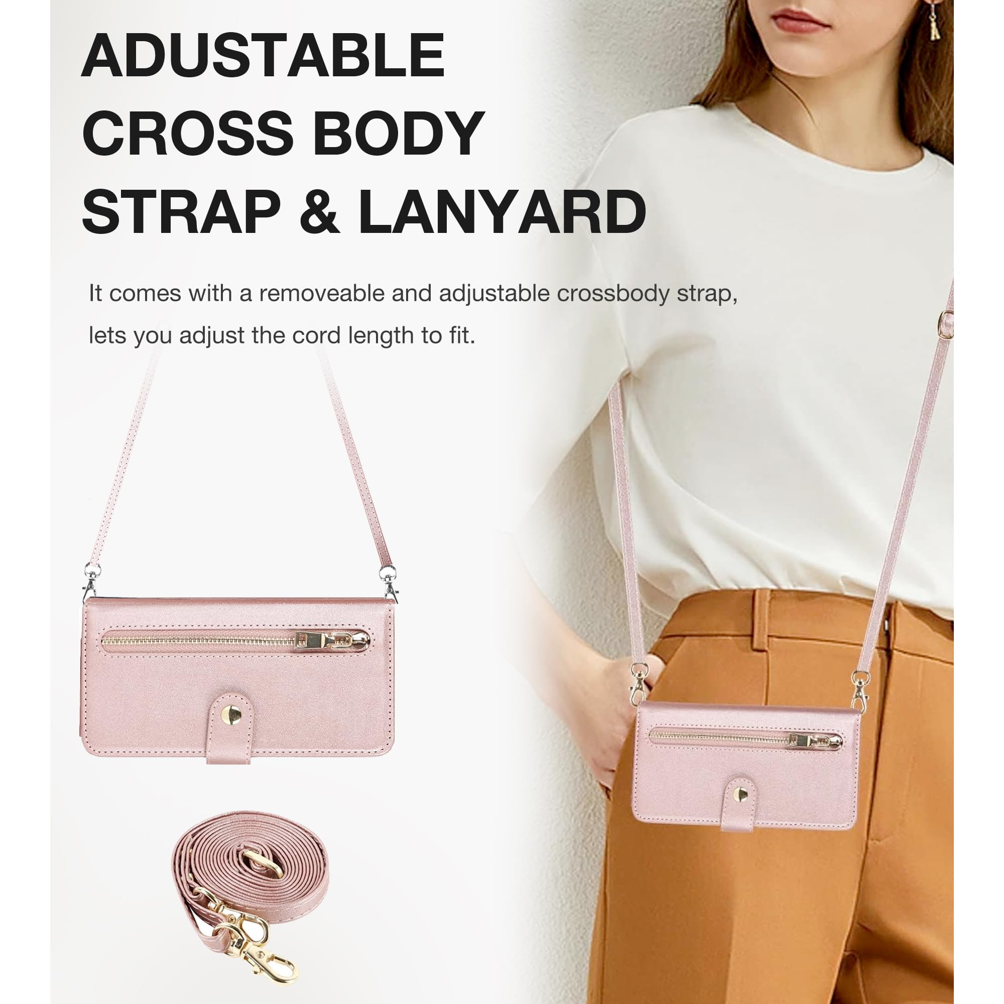 Custodia Per IPhone 11 Con Portafoglio E Cordino - Pelle PU, 6 Slot Carte, Supporto Pieghevole, Oro Rosa - Foto 9