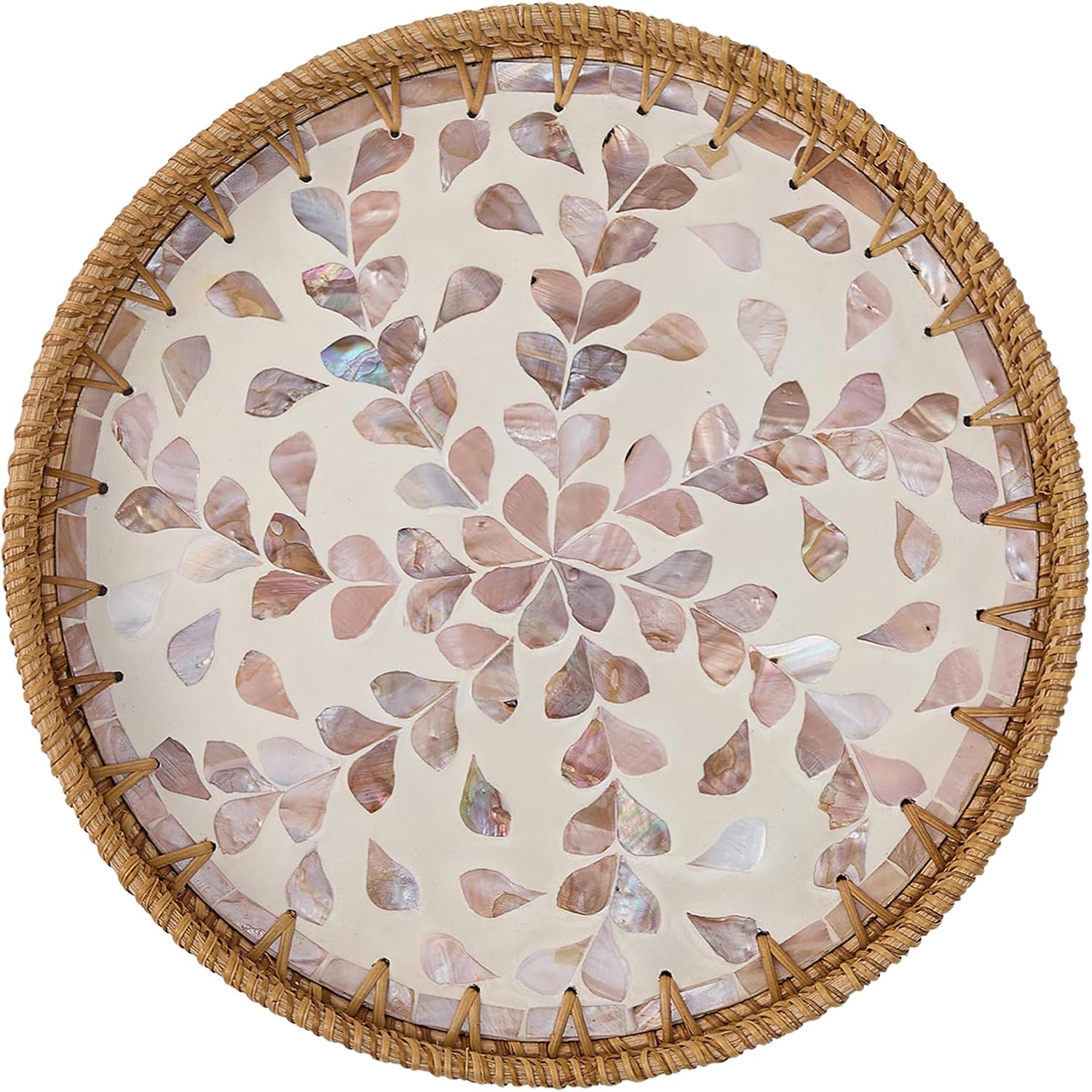 Round Rattan Tray for Home Decor 11.8 inch, Modern and Boho Decor Serving Tray with Mother of Pearl Inlay, Wicker Basket for Coffee Table, Hand Woven Decorative Tray Plates (Gold)