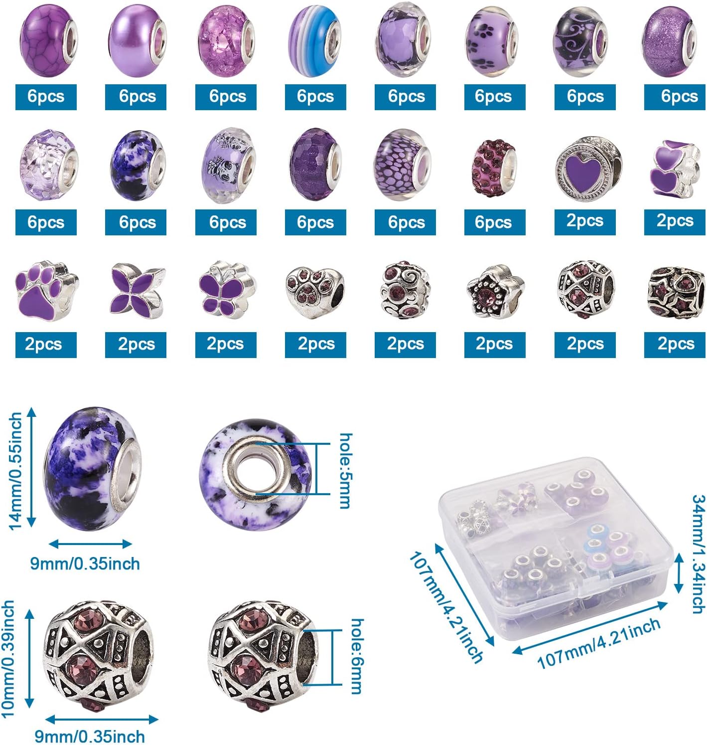 Cheriswelry 104Pcs 9.5-14mm Purple Theme Assorted European Lampwork Beads Metal Acrylic Resin Spacer Beads European Large Hole Beads for DIY Necklace Bracelet Jewelry Making Craft