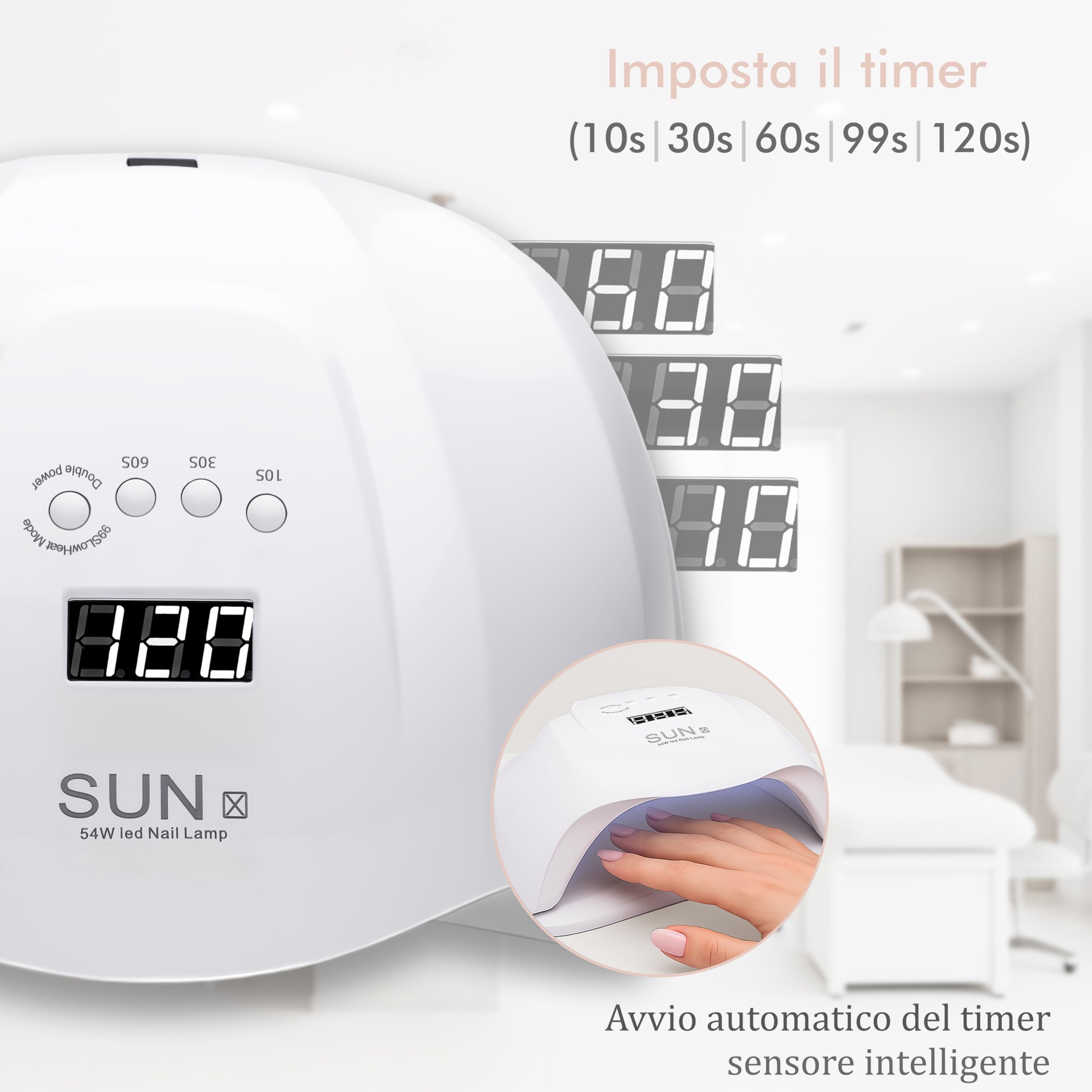 Lampada led unghie UV professionale 36 LED con 5 Timer da 48W / 54W. Fornetto ideale per manicure e pedicure con sensore movimento e base removibile. Forno asciuga smalto per gel UV e semipermanente.