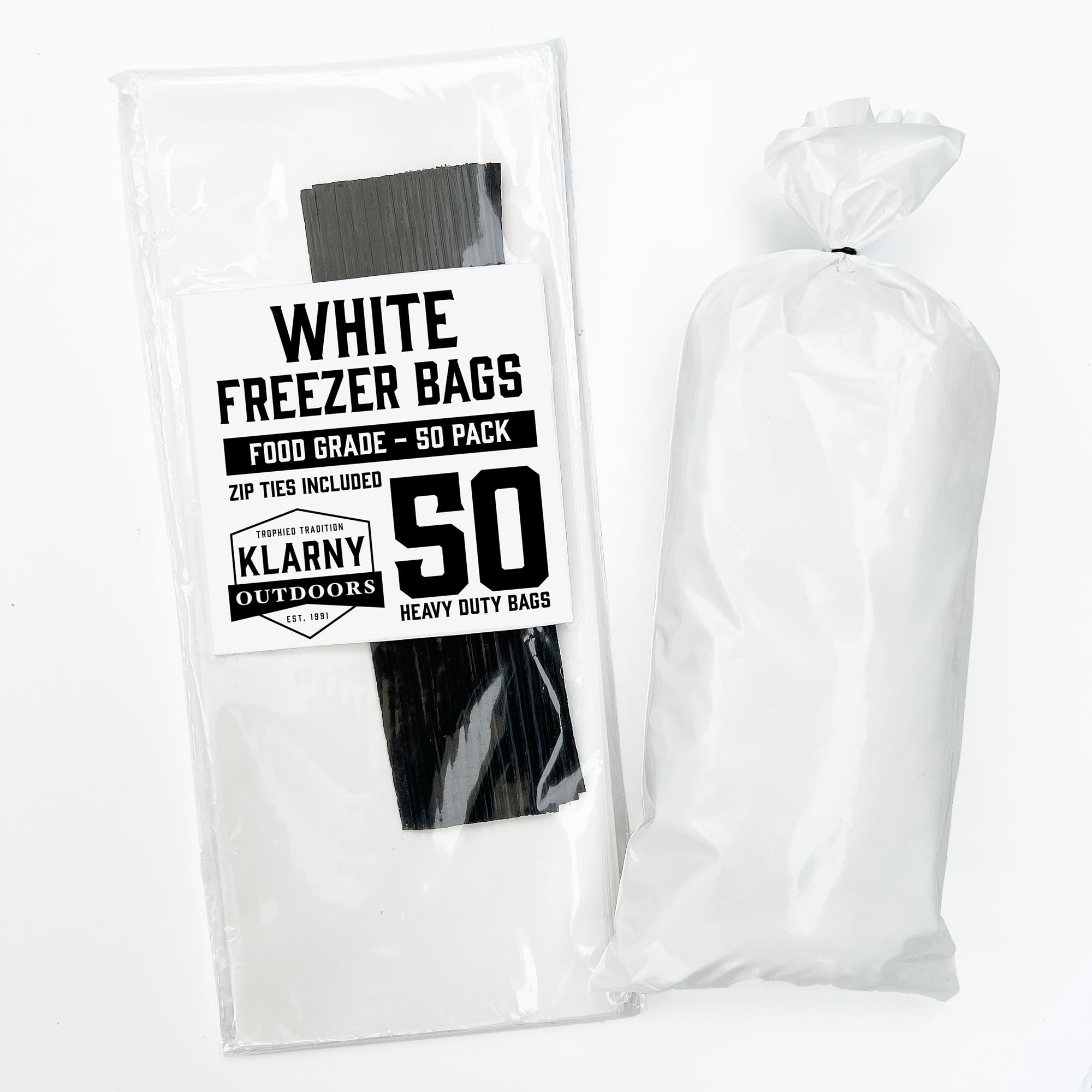 Klarny Outdoors Wild Game Freezer Bags, 1.5 LB Hunting Meat Packaging Storage System with Twist Ties for Preventing Freezer Burn (50 Bags)