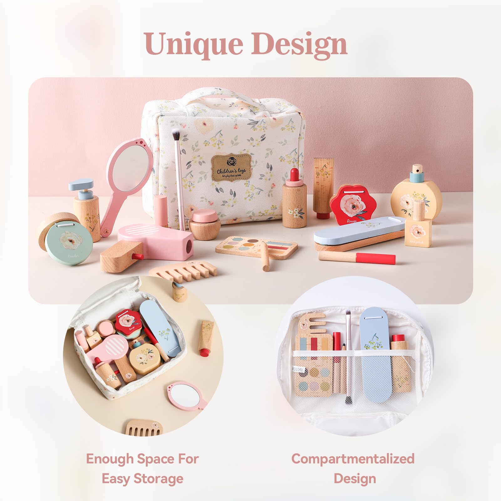 SOKA Wooden Makeup Pretend Play Toy Set Vanity Beauty Cosmetic Make Up Kit With Cute Case Makeover Role Play Games For Kids Children Little Girls Ages 3 Year Old - Ltd - View #7