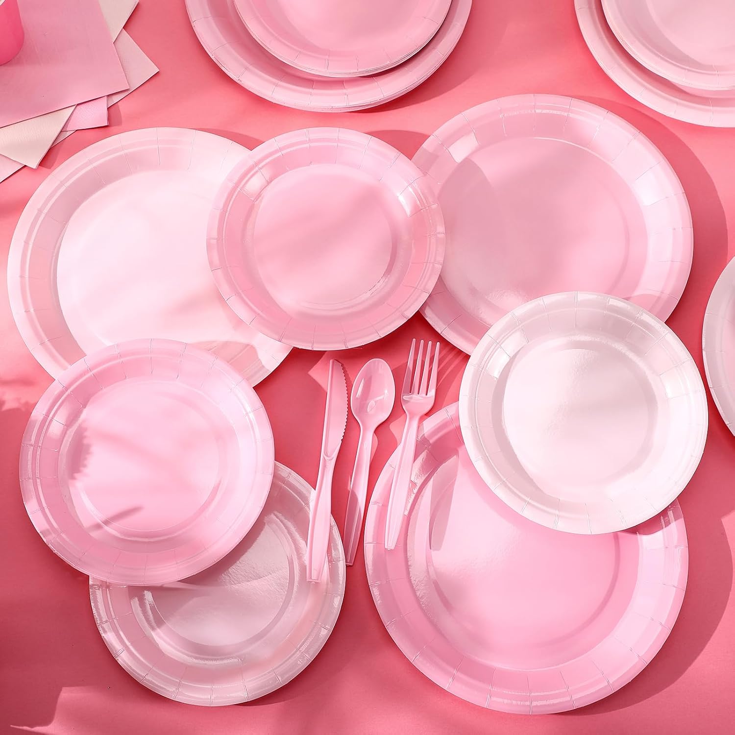 Nuogo 336 Pcs Pink Party Supplies Set Pink Paper Plates Napkins Cups Plastic Spoons Forks Knives Disposable Dinnerware for Birthday Baby Shower Wedding - Image 4