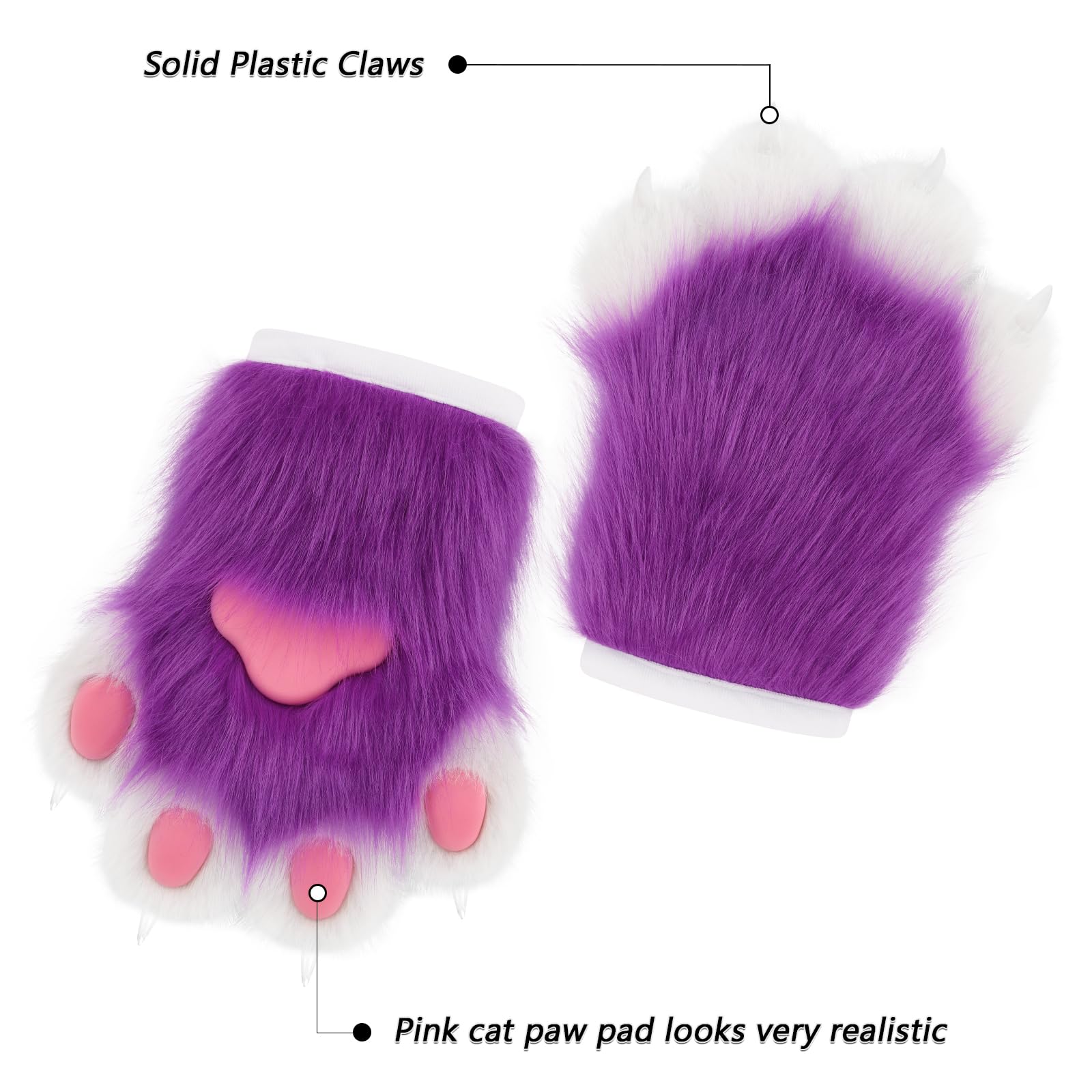 Faux Fur Plush Furry Cat Claw Gloves Fursuit Animal Fox Paws Mittens Halloween Cosplay Costume Accessories for Adult: Purple