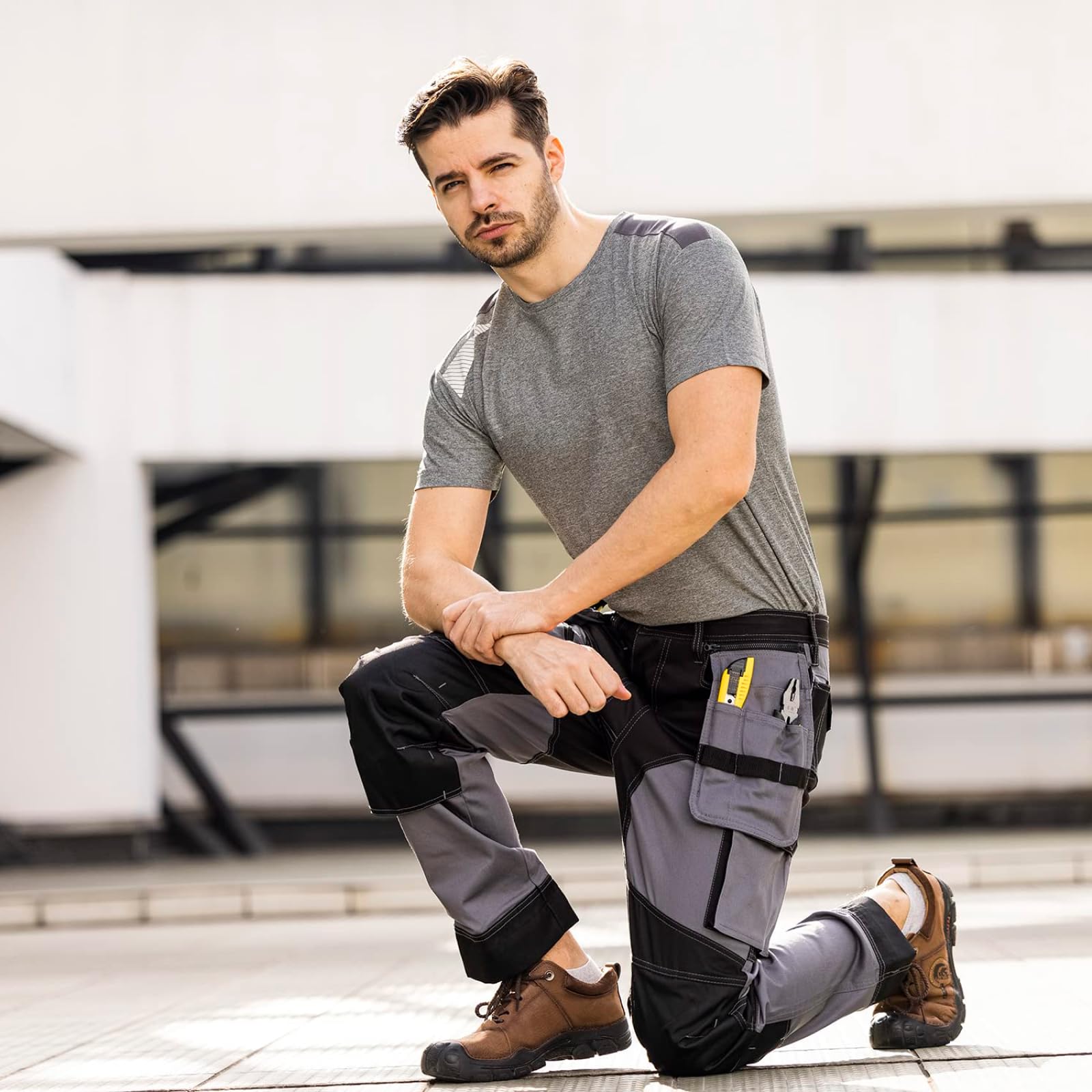 WORK IDEA Pantalón de Trabajo de Hombre, Bolsillos en Las Rodillas Oxford, pantalón de algodón elástico