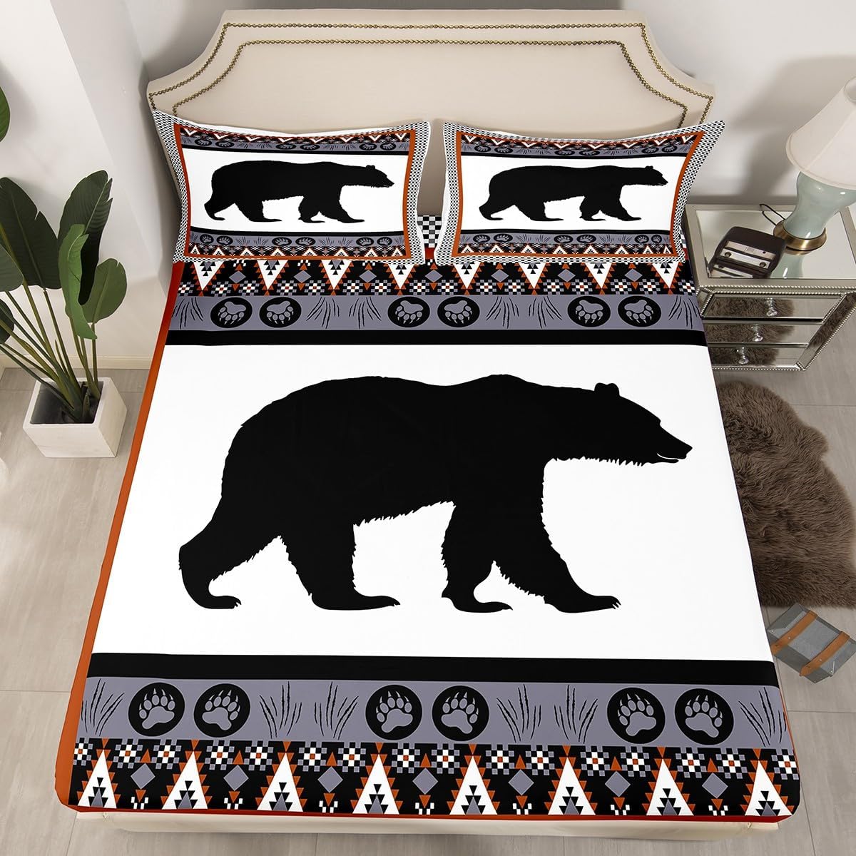 Erosebridal Bear Fitted Sheet Full, Rustic Cabin Decor Bedding Set Southwestern Bed Sheets Cowboys Gifts for Men, Tribal Wildlife Animal Western Decor Sheets with 2 Pillow Cases, Grey White