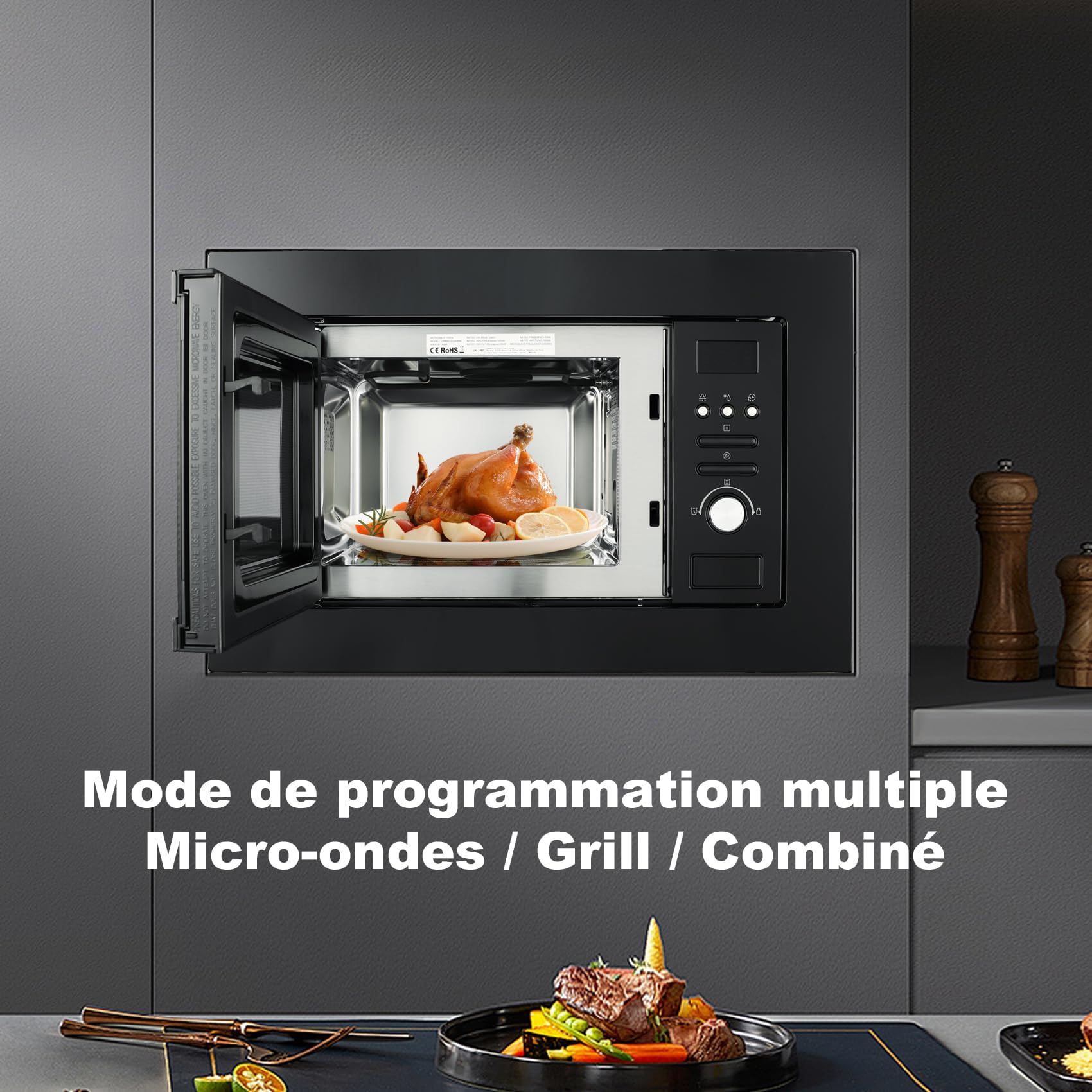 SMETA Four Micro-ondes Combiné 20L, Micro-ondes Encastrable 800W avec Gril 1000W, Grand Écran LED, Cadre Inclus, Dégivrage Automatique, 8 Programmes Prédéfinis