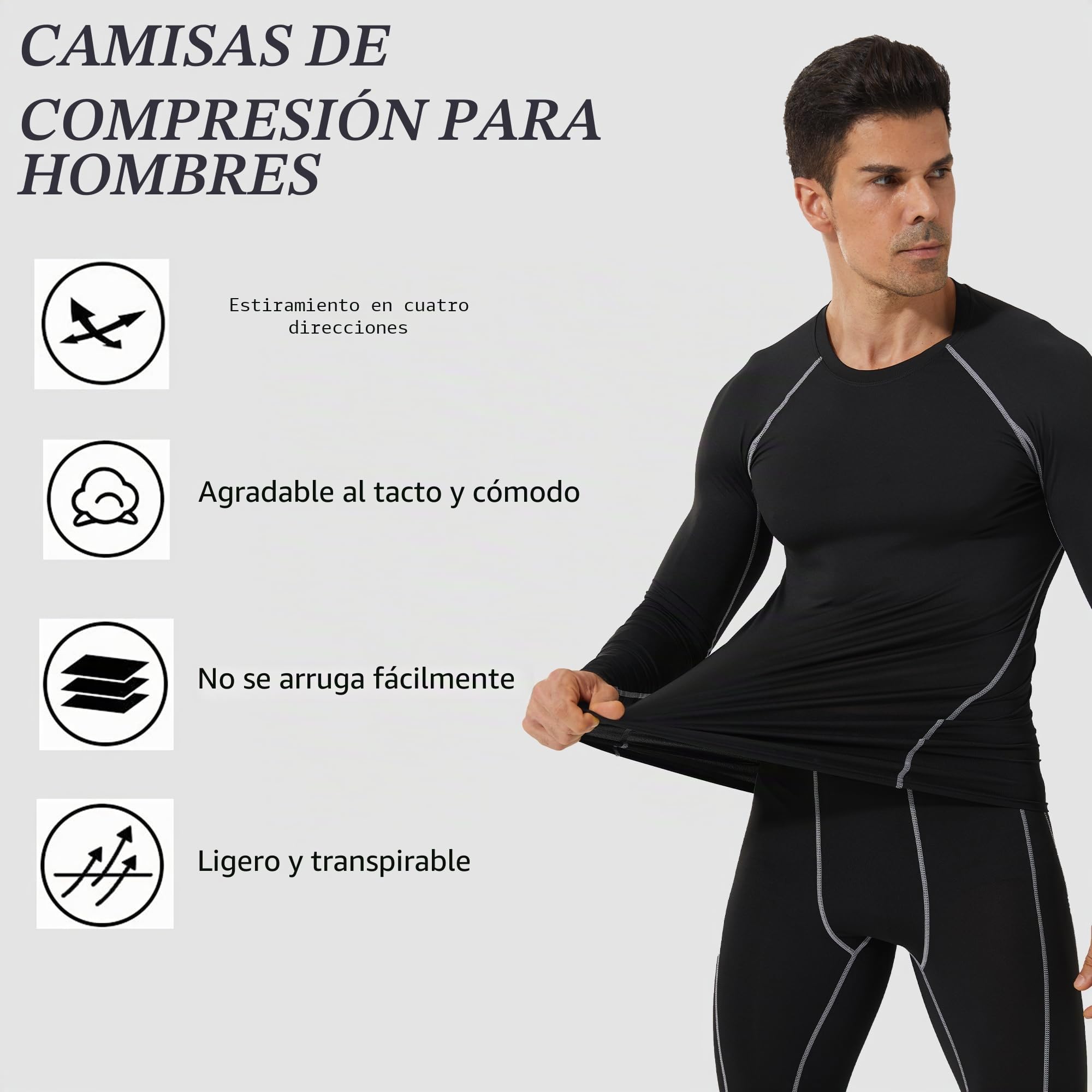 Camisas de compresión para hombre, manga larga, cuello redondo, secado rápido, entrenamiento, correr, atletismo, capa base de compresión para hombre