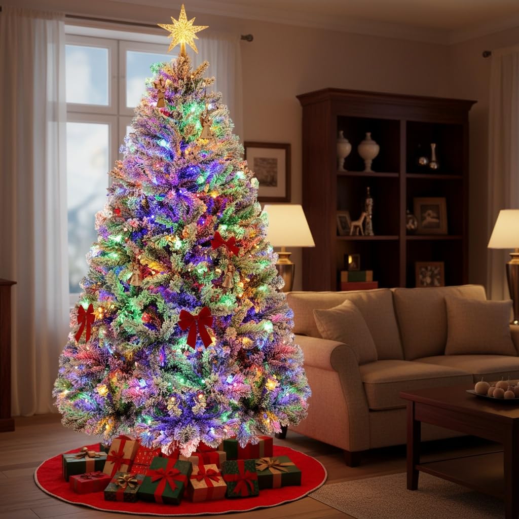 180cm Sapin de Noël Artificiel Enneigé 250 LED RGB Premium Arbre de Noël avec Support Métallique Pliable 1000 Pointes de Branches Décoration Festive Blanc 2025