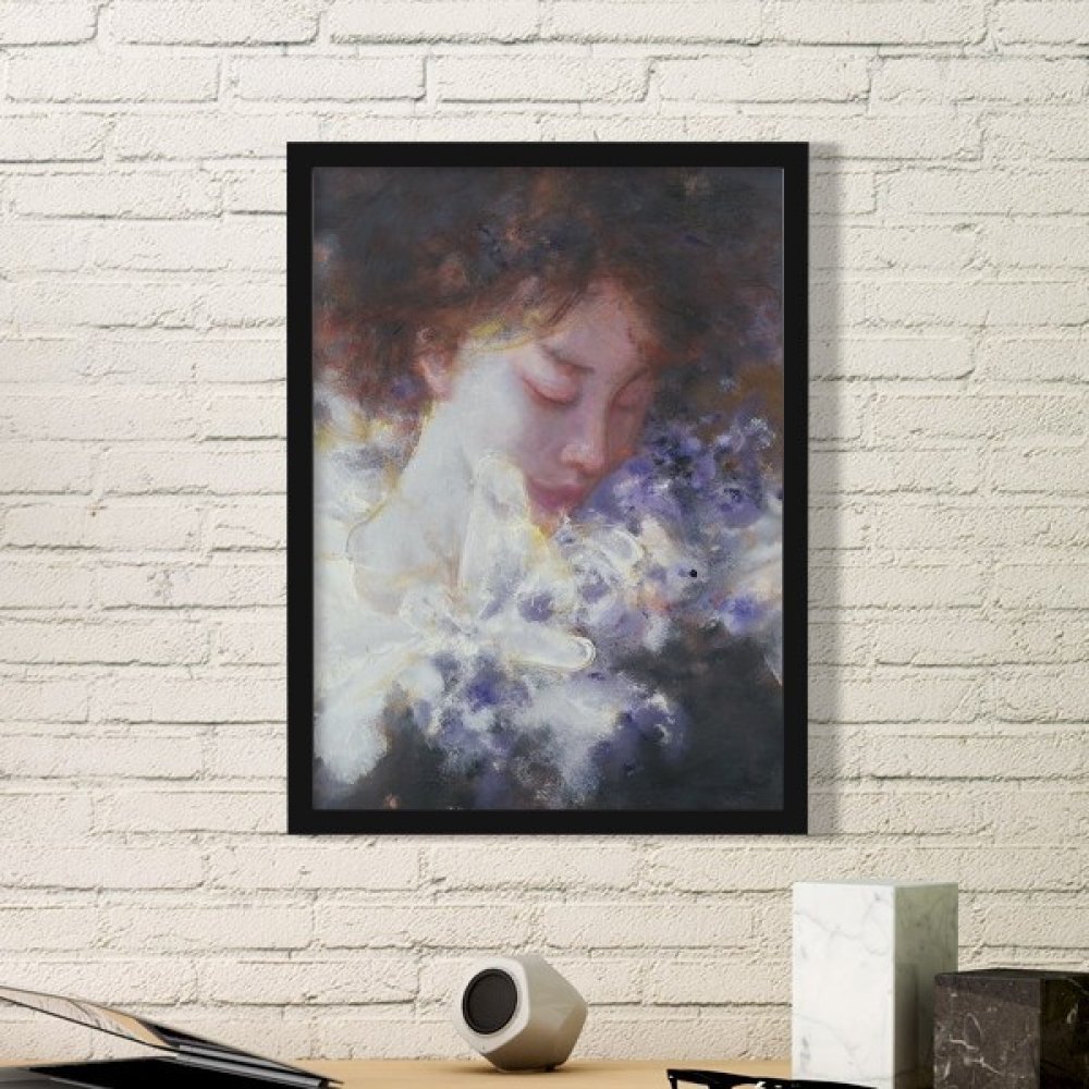 Cadre photo rond en bois noir avec peinture à l'huile