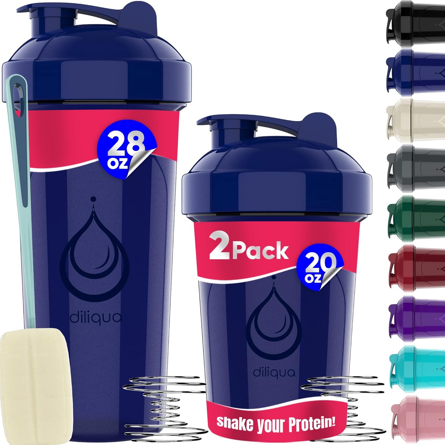 diliqua 2 PACK, 28 oz &amp; 20 oz Shaker Bottles with Powerful Wire Whisks for Protein Mixes | Leakproof Blender Shaker Bottle Pack | BPA-Free &amp; Dishwasher Safe | Shaker Bottle | Shaker Cups for shakes