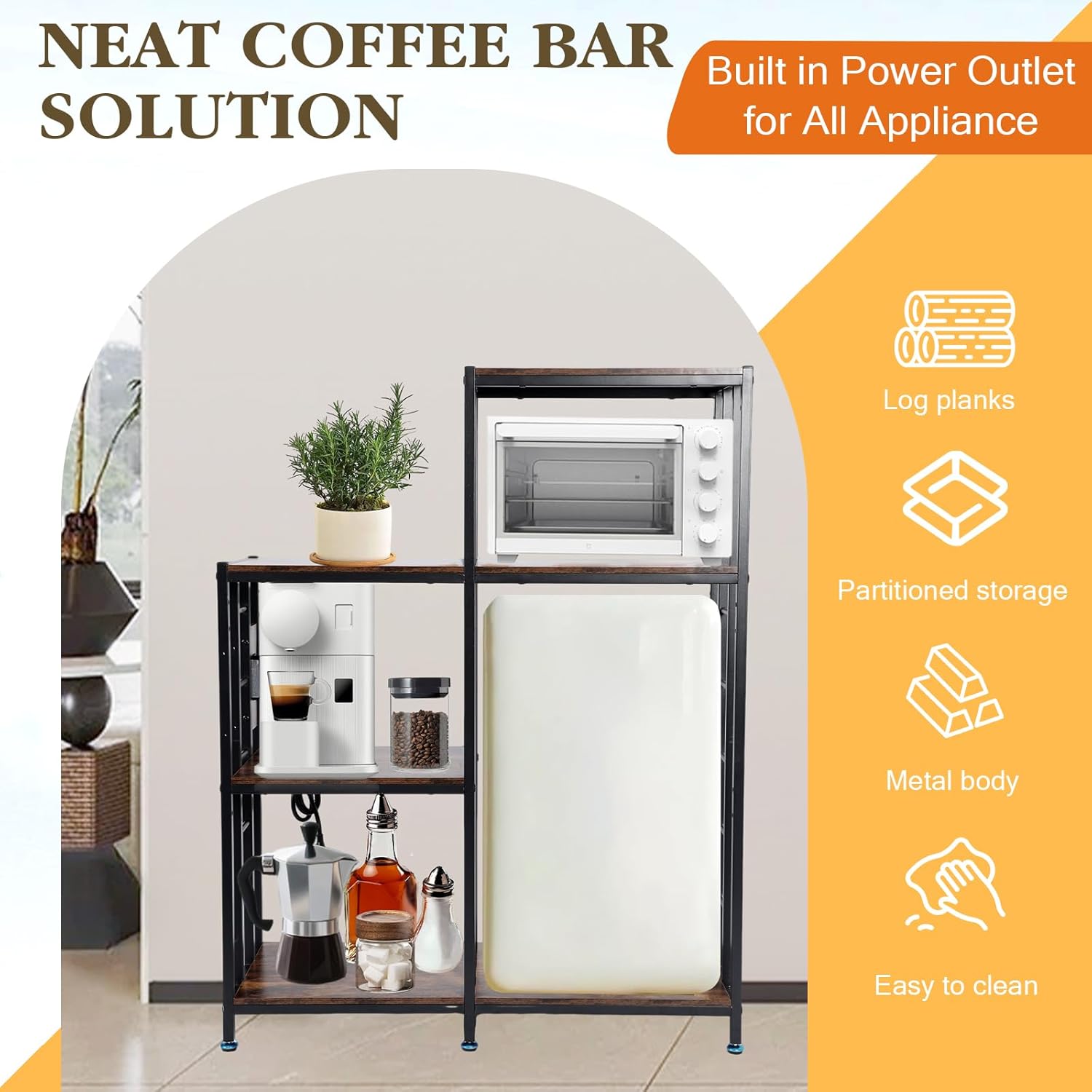 HUATOL 6-Tier Kitchen Backers Rack with Power Outlet, Utility Storage Shelf, Mini Fridge & Microwave Oven Stand Table, Heavy Duty Adjustable Shelves Freestadning for Living Room, Home and Office.